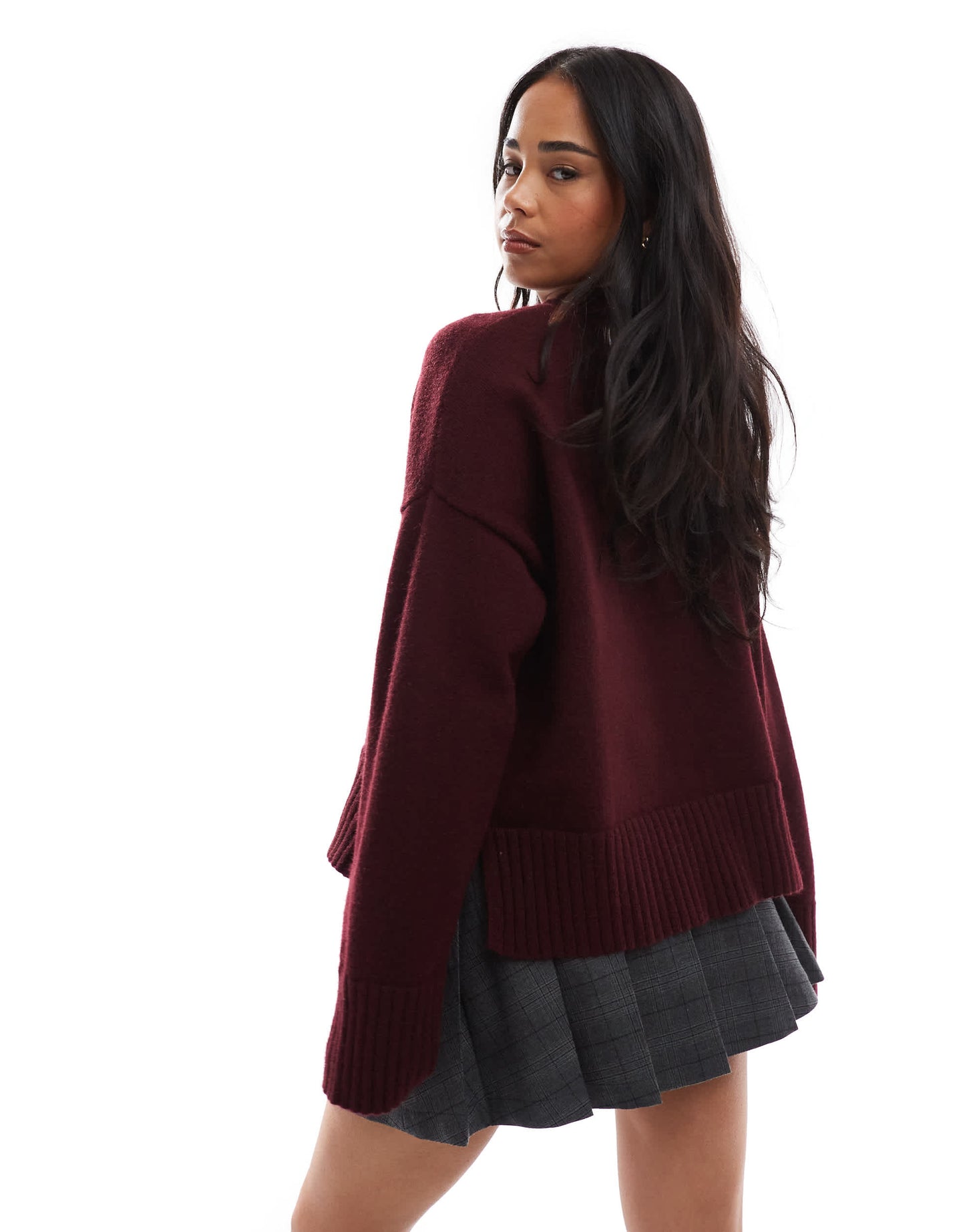 Bershka chunky crew neck jumper in burgundy