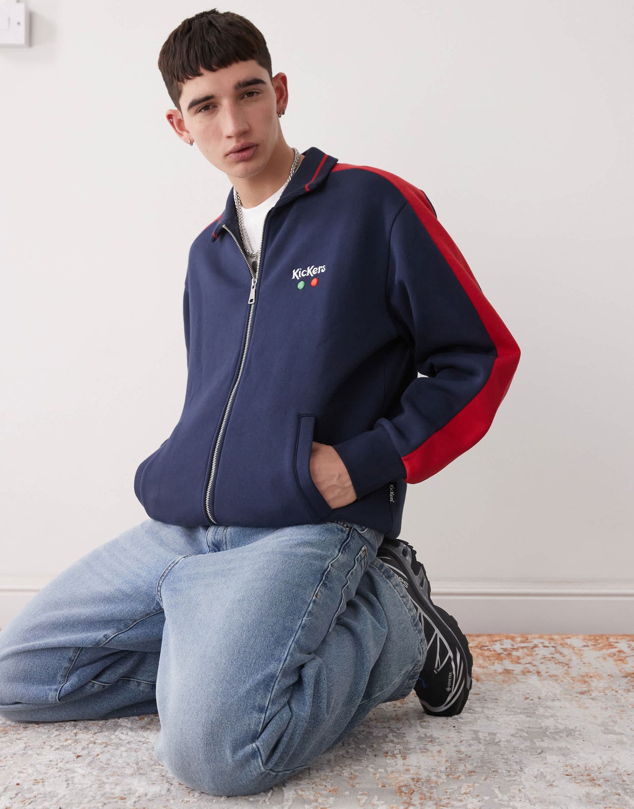 Kickers zip up jersey jacket with red stripe in navy