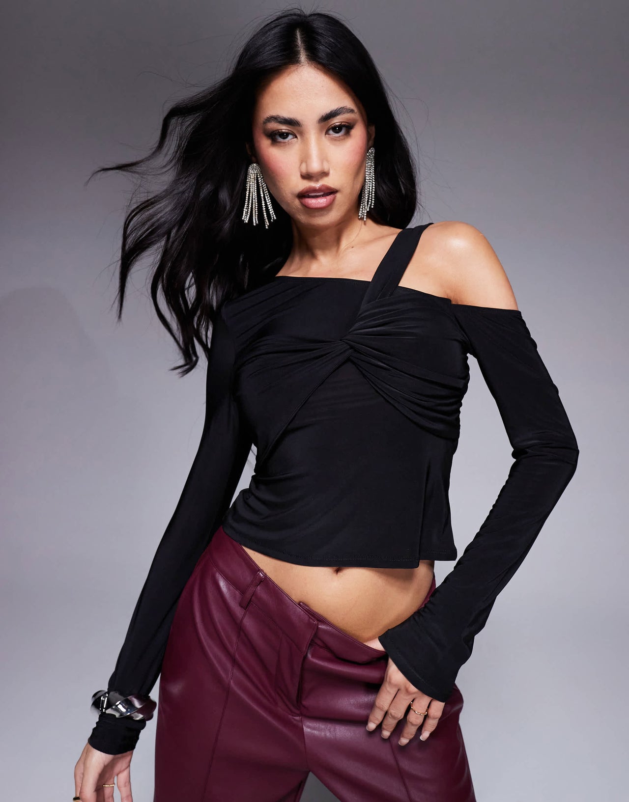 ASOS DESIGN slinky one shoulder twisted bust detail top in black