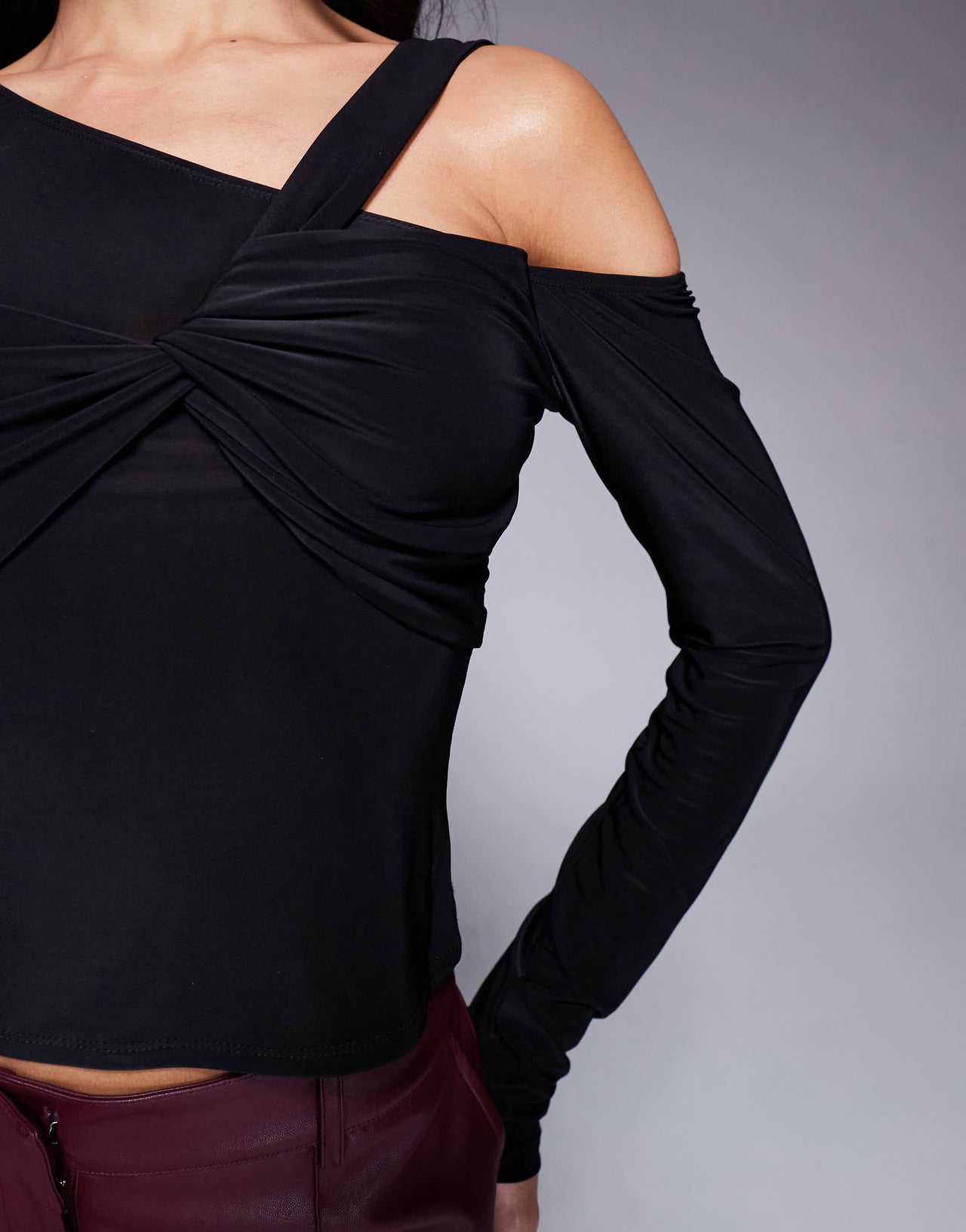 ASOS DESIGN slinky one shoulder twisted bust detail top in black