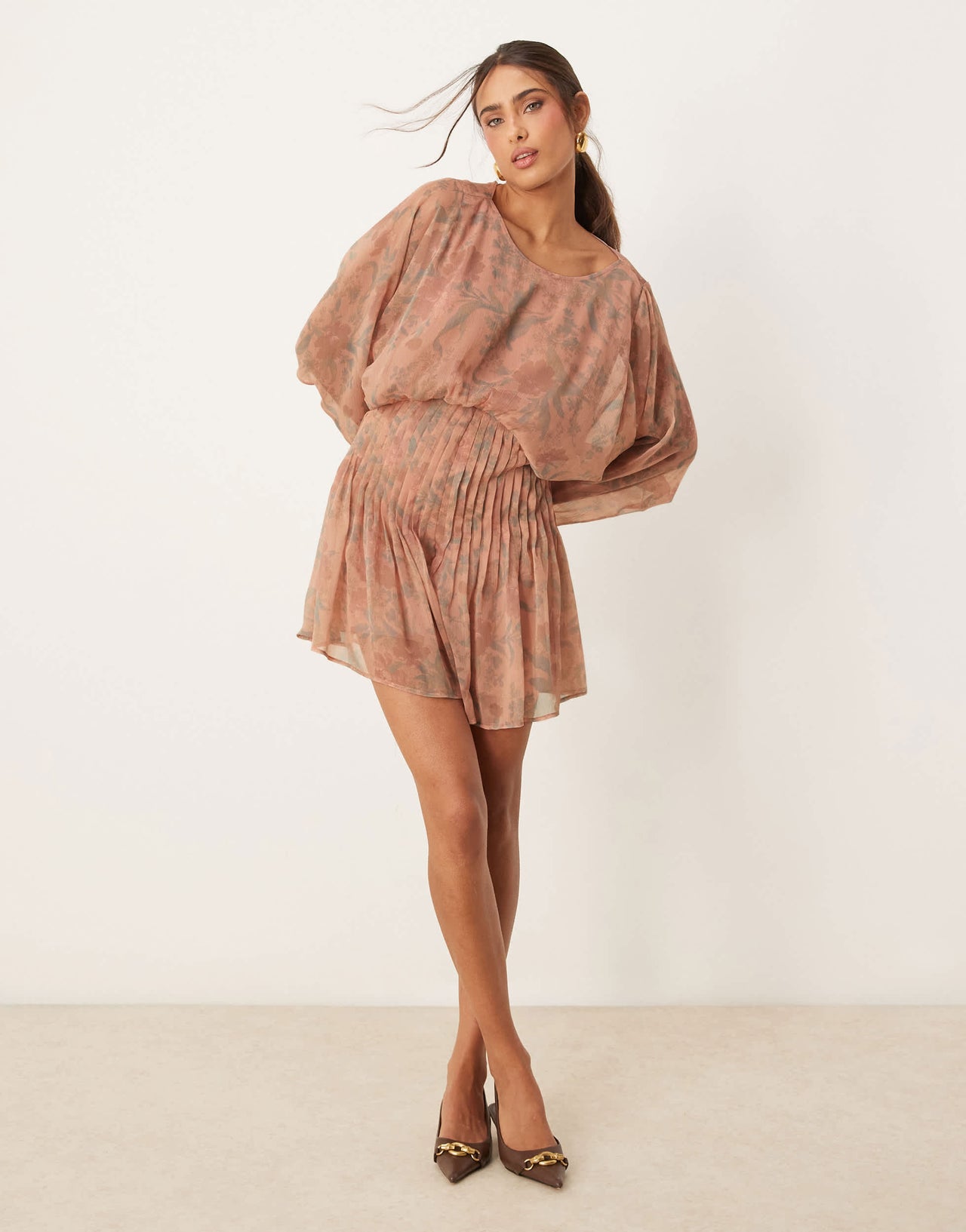 ASOS DESIGN cowl back pleated bodice playsuit in floral print