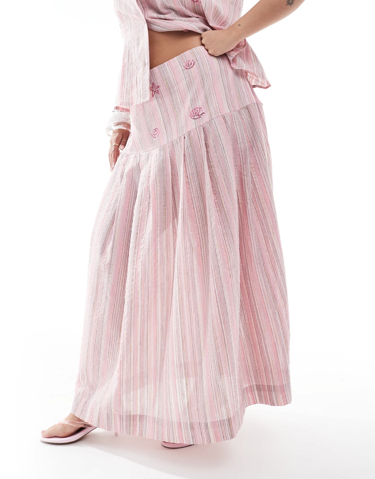Renee Studio Plus exclusive bow side pleated hotfix detail midi skirt co-ord in pink stripe