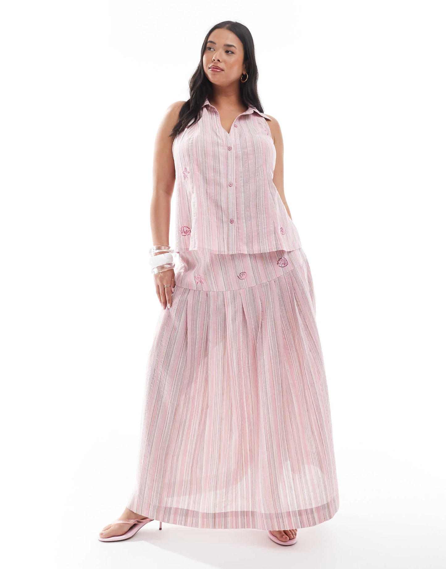 Renee Studio Plus exclusive bow side pleated hotfix detail midi skirt co-ord in pink stripe