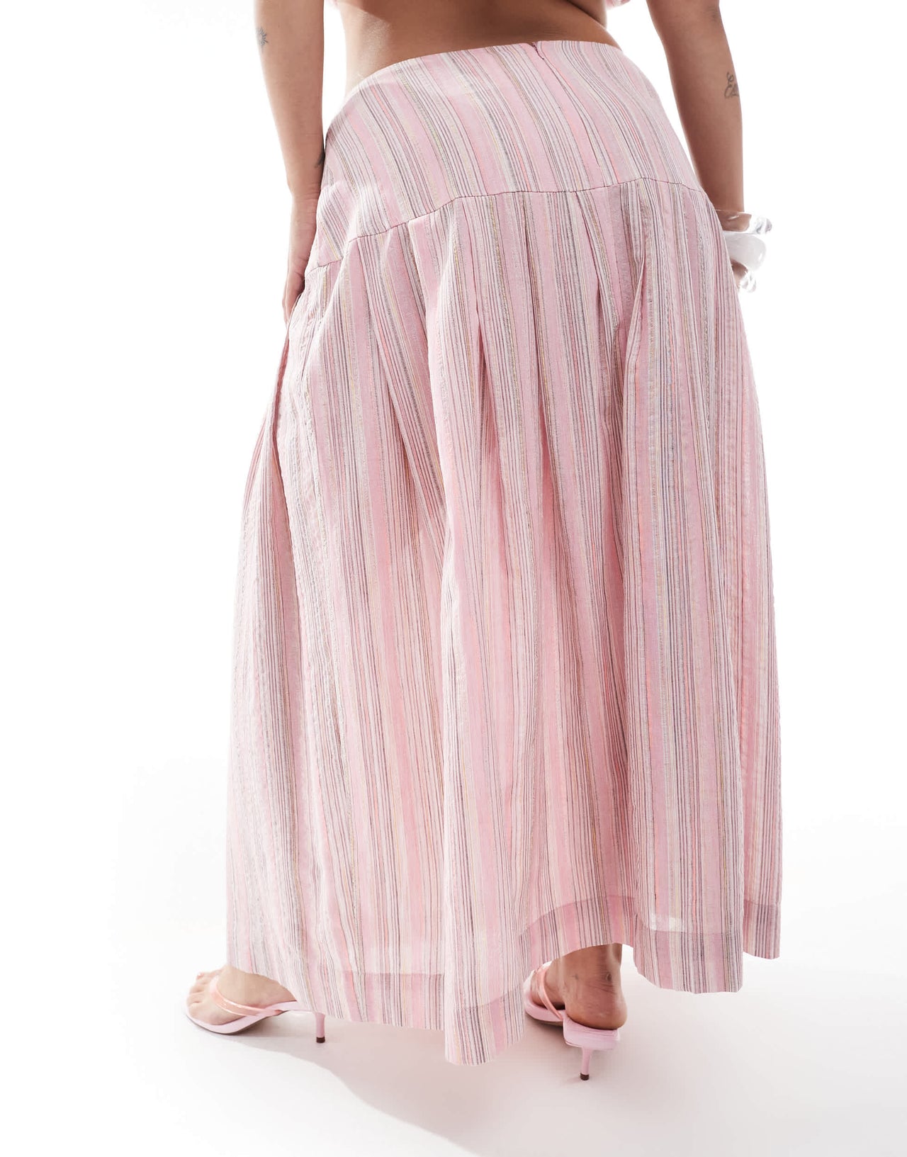 Renee Studio Plus exclusive bow side pleated hotfix detail midi skirt co-ord in pink stripe