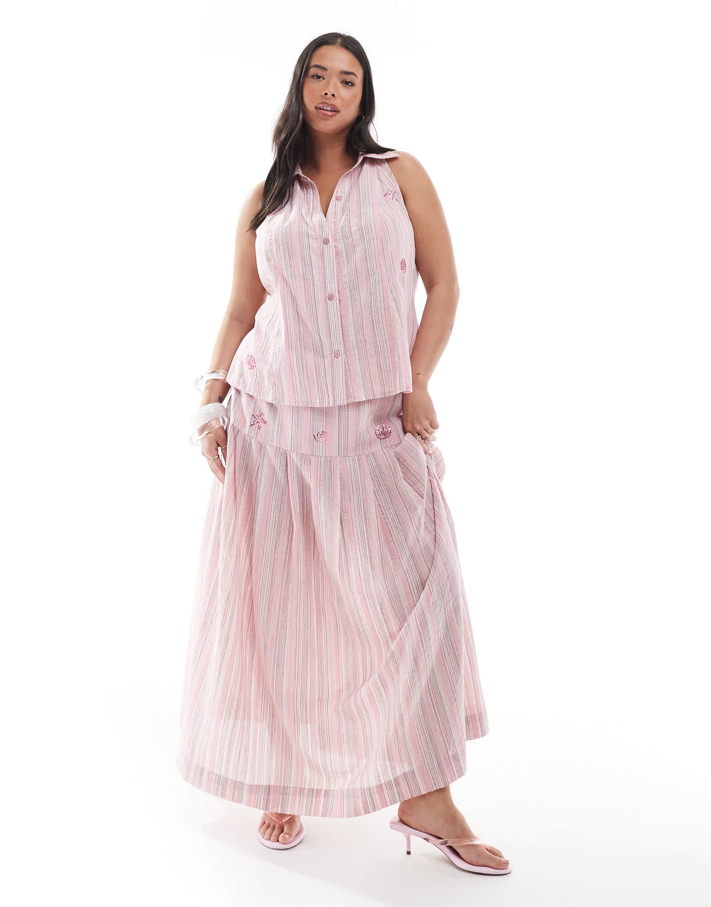 Renee Studio Plus exclusive collared button front halter sequin detail top co-ord in pink stripe