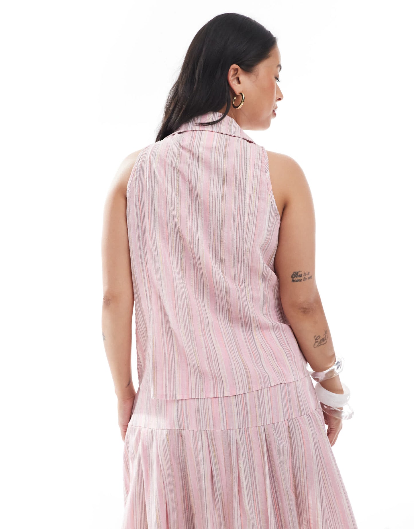 Renee Studio Plus exclusive collared button front halter sequin detail top co-ord in pink stripe