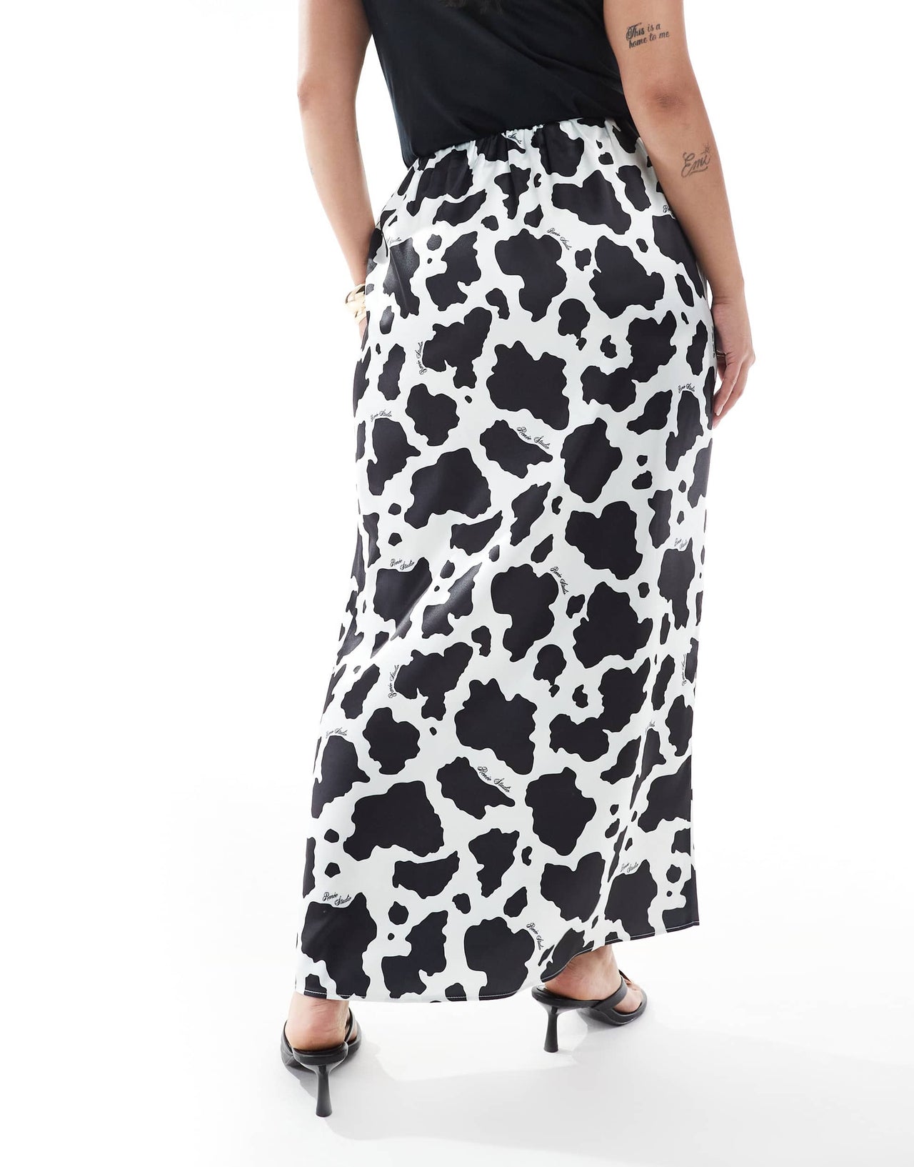 Renee Studio Plus exclusive satin maxi skirt in black & white cow print