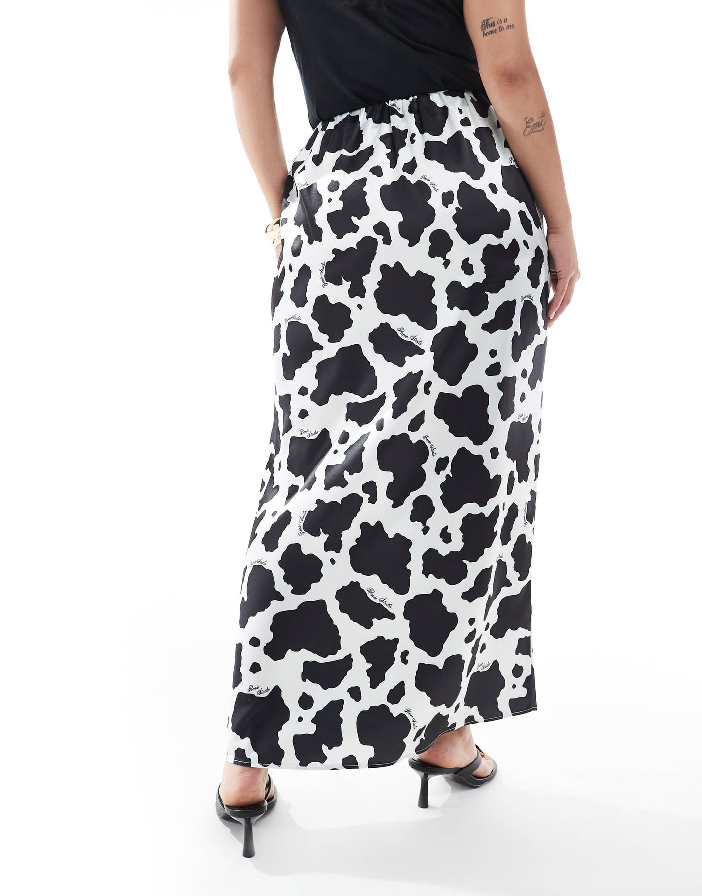 Renee Studio Plus exclusive satin maxi skirt in black & white cow print