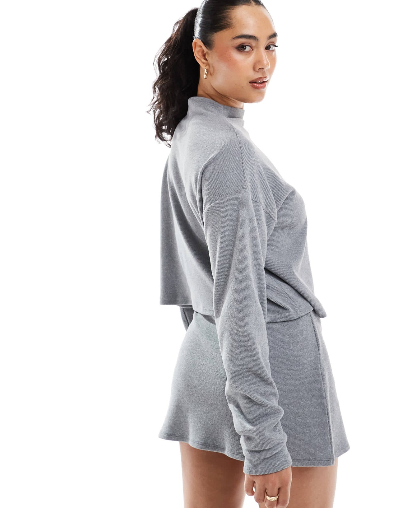 Miss Selfridge drop shoulder ribbed mock neck top in grey