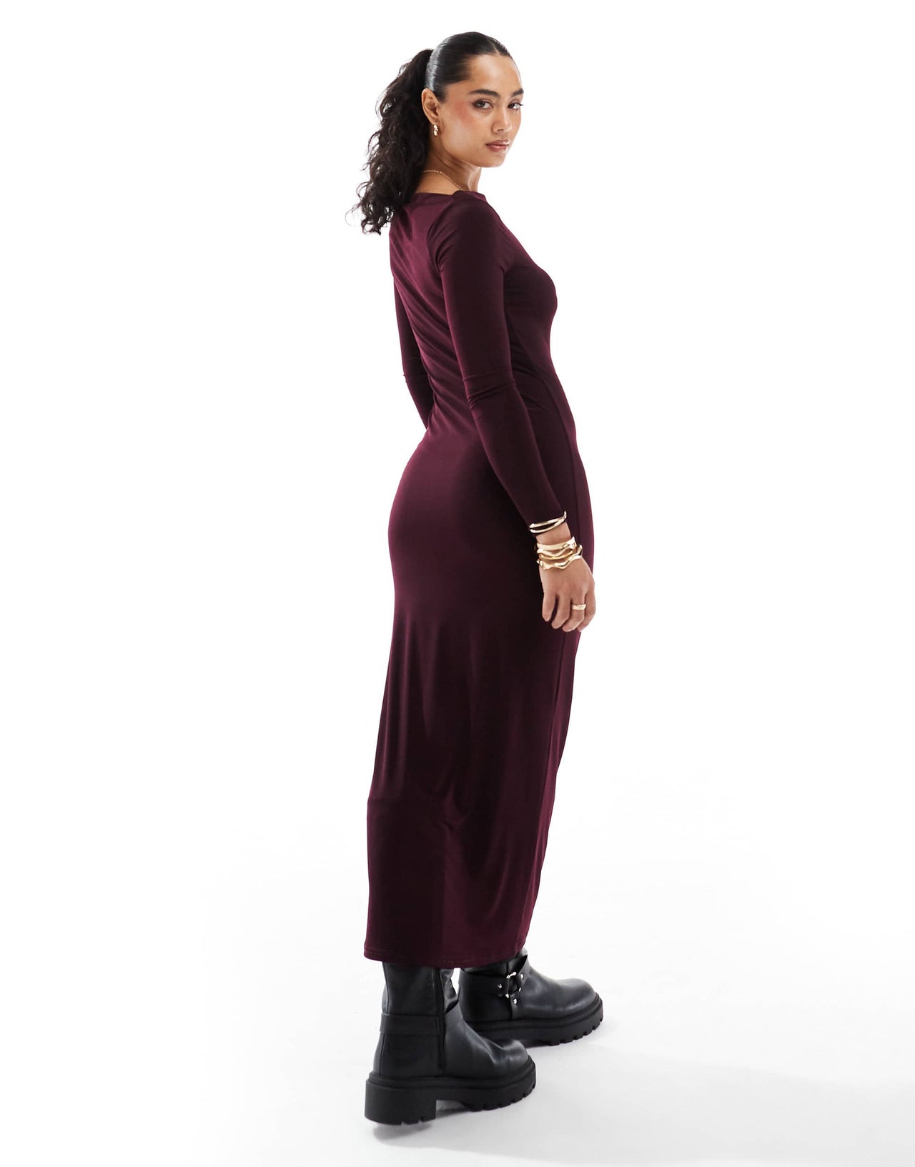 Miss Selfridge long sleeve jersey maxi dress in plum