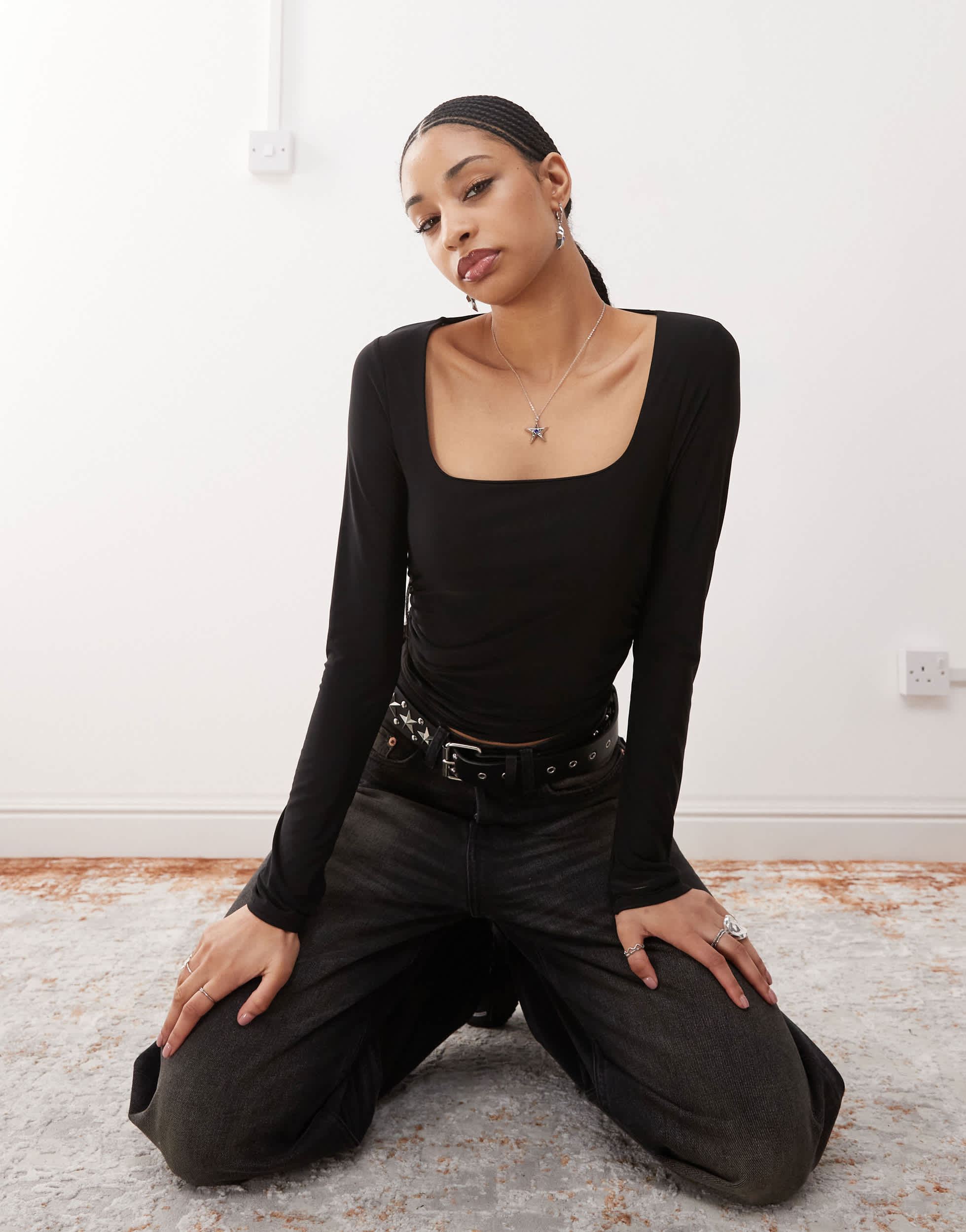 COLLUSION square neck top with ruch sides co-ord