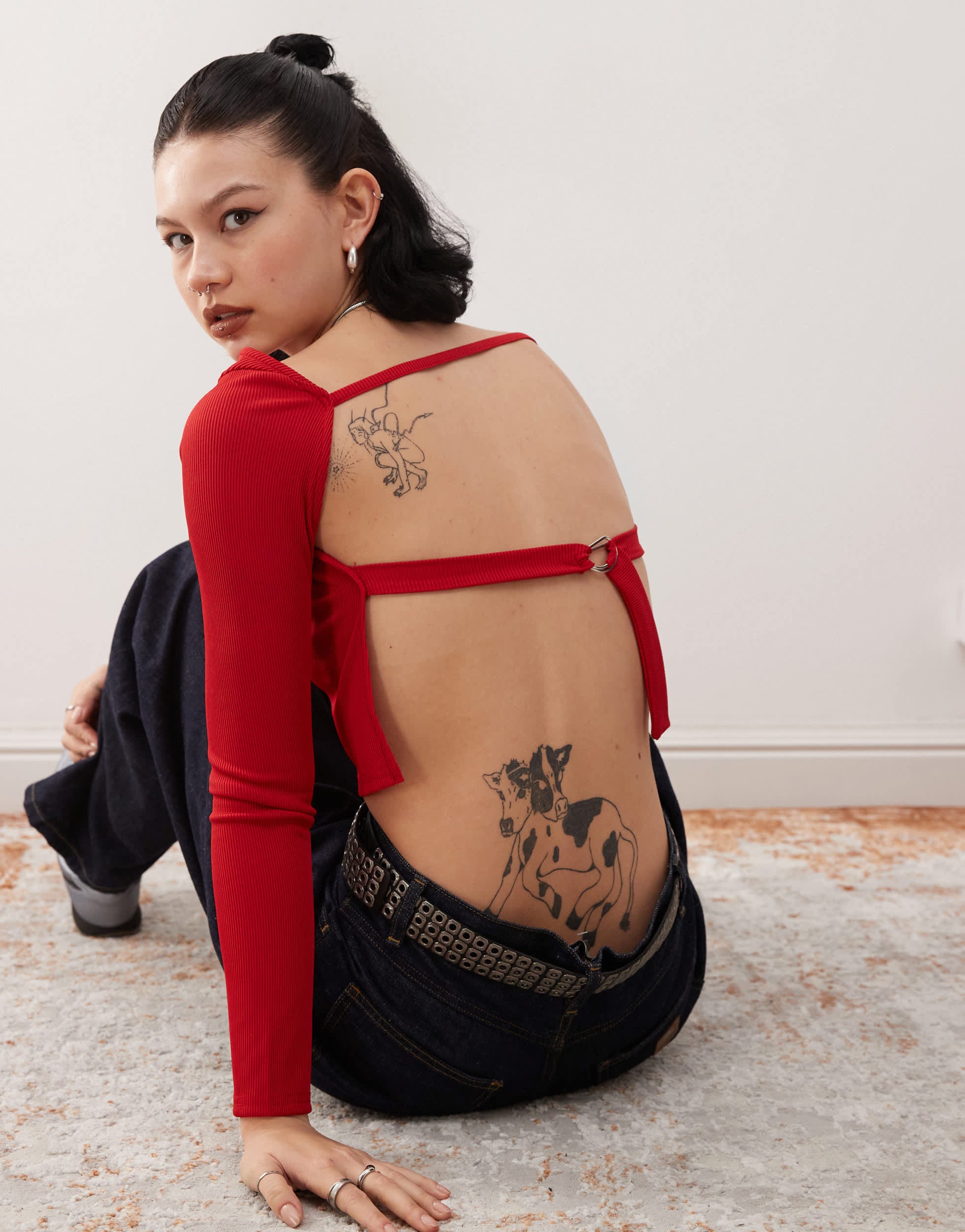 COLLUSION ribbed long sleeve top with tie back in red