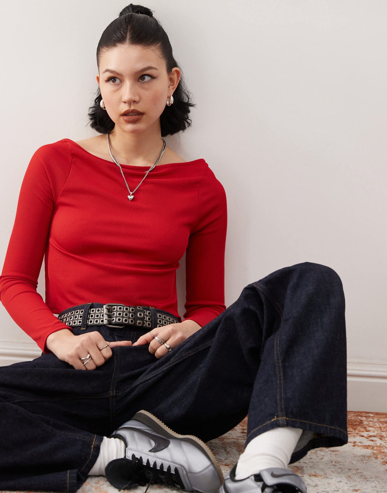 COLLUSION ribbed long sleeve top with tie back in red