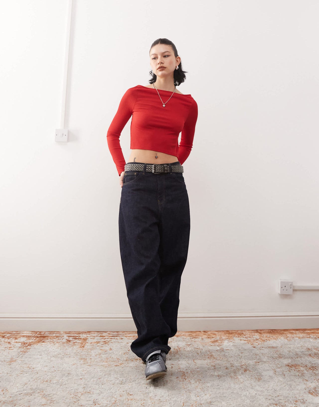 COLLUSION ribbed long sleeve top with tie back in red