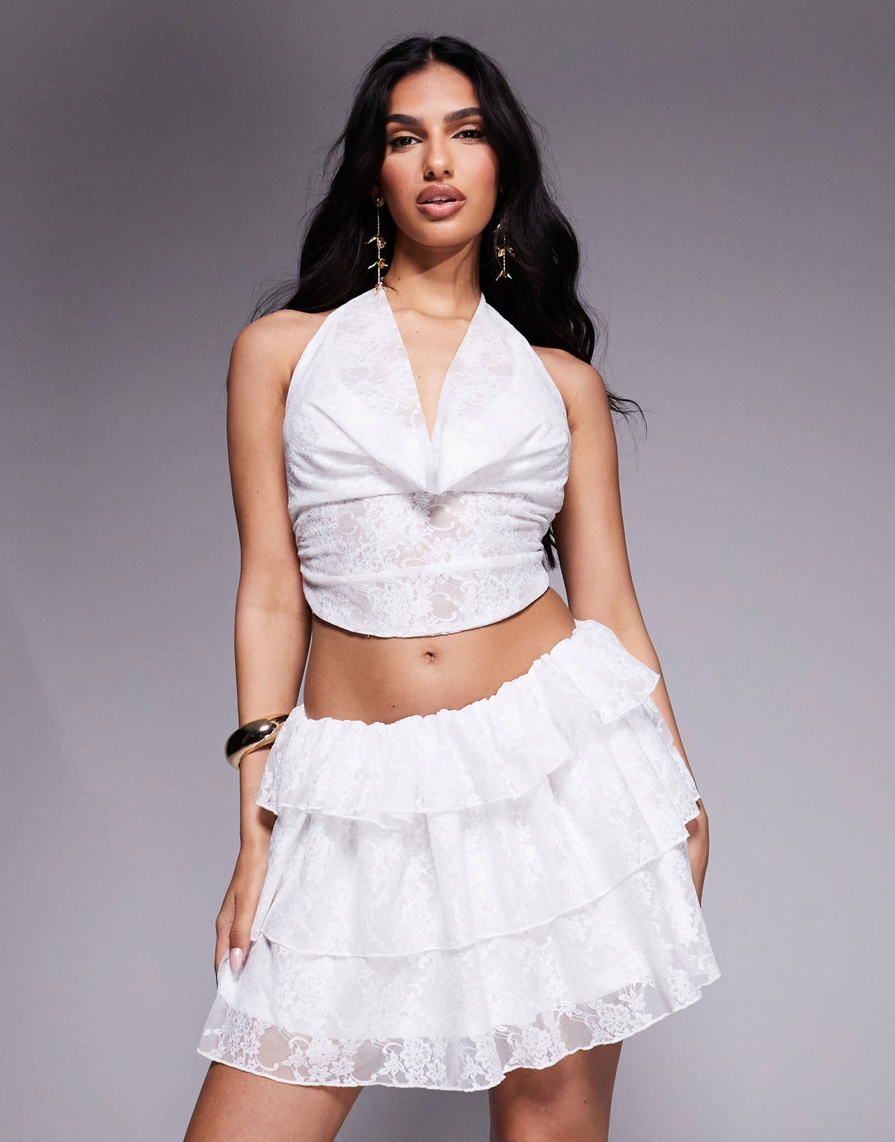 Aria Cove lace deep cowl halterneck open back beach top co-ord in white