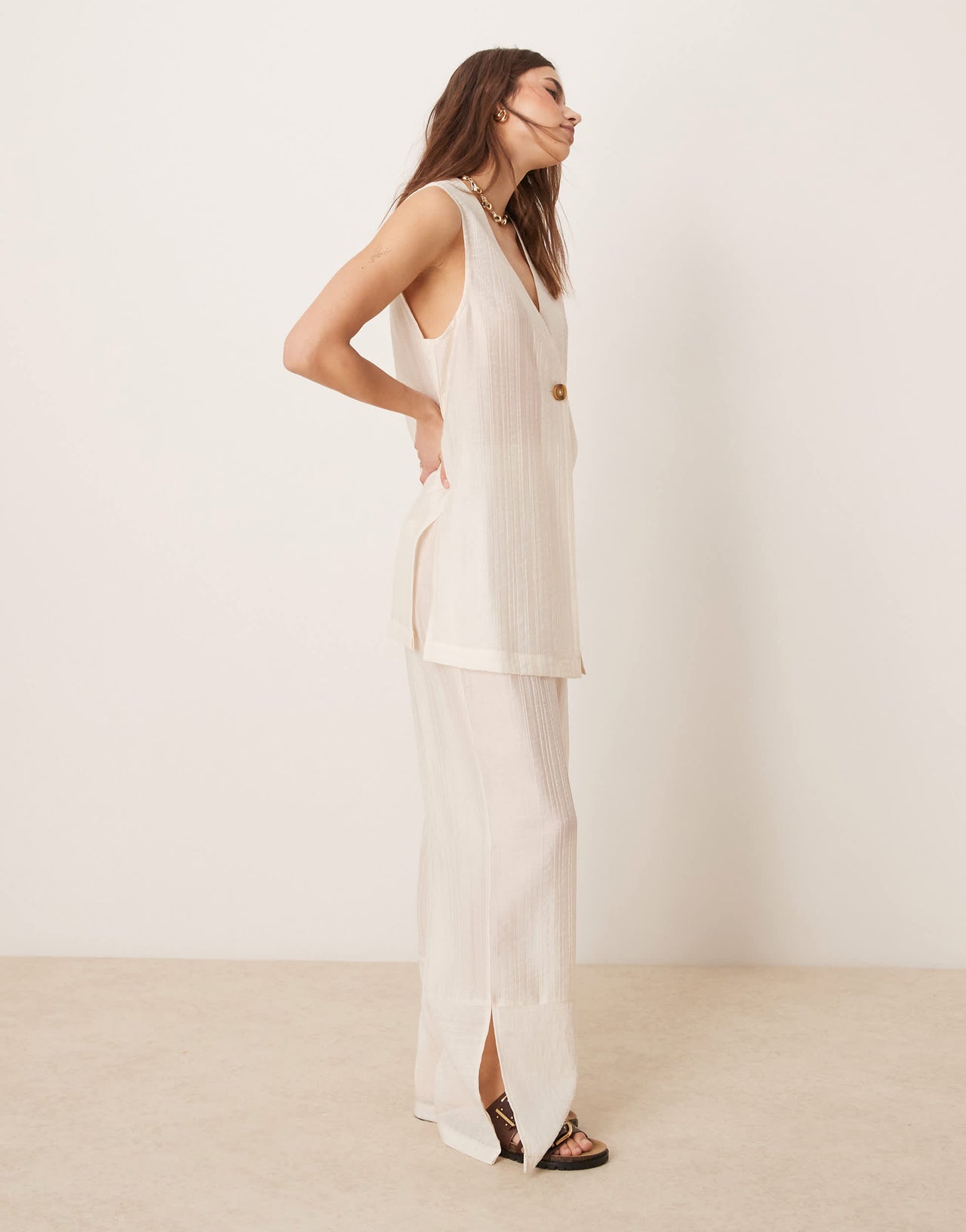 ASOS DESIGN sheer textured wide leg trousers co-ord in off white