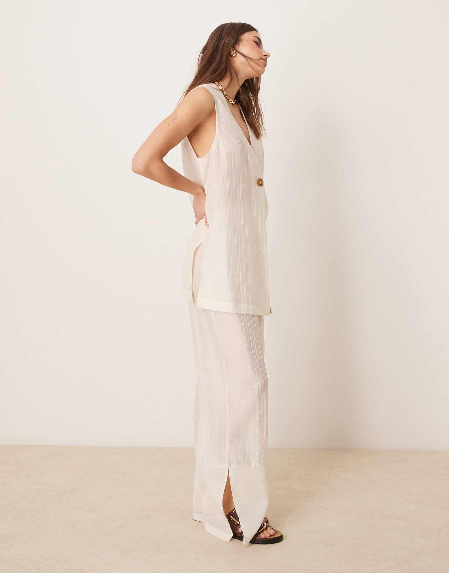 ASOS DESIGN sheer textured wide leg trousers co-ord in off white