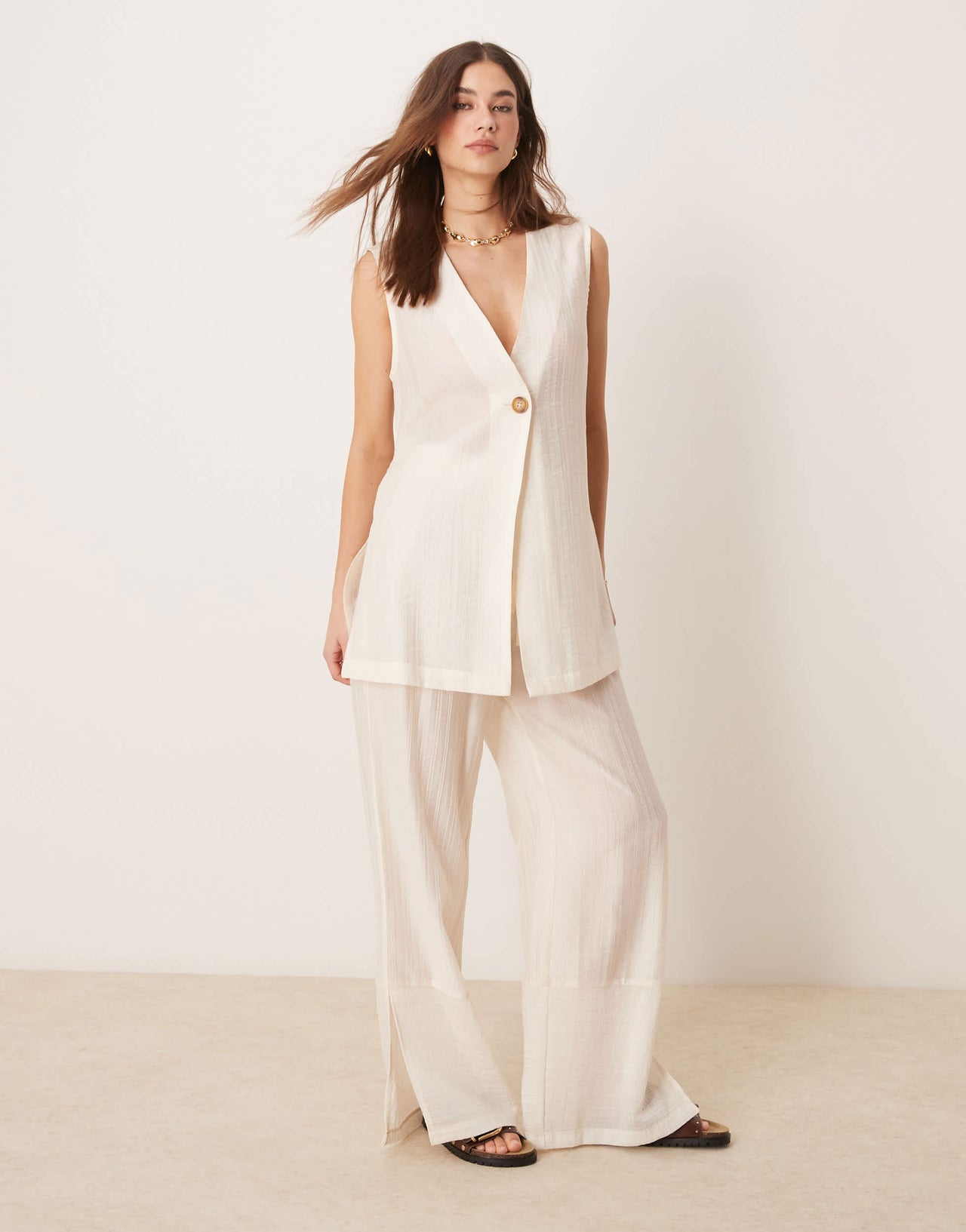 ASOS DESIGN sheer textured wide leg trousers co-ord in off white