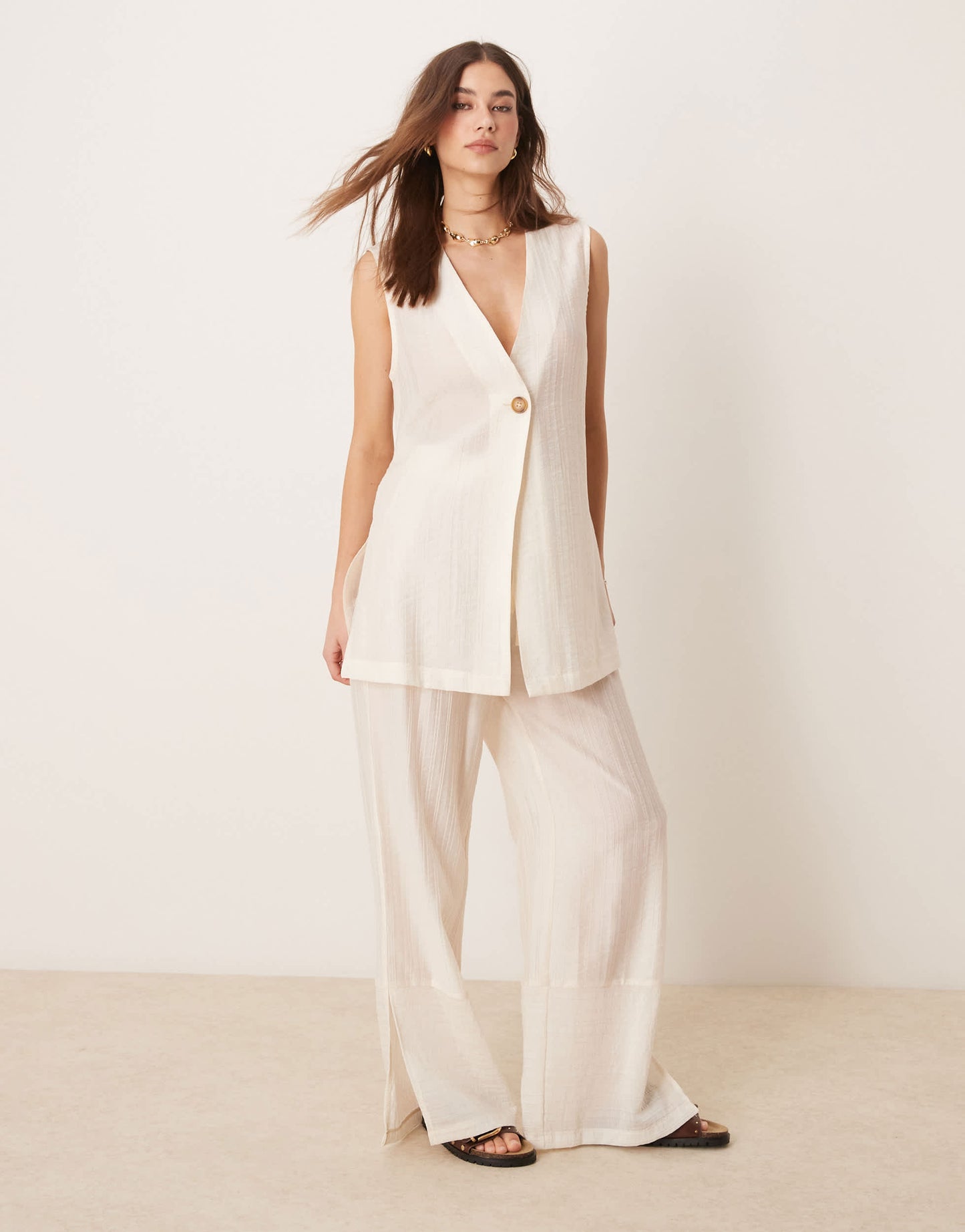 ASOS DESIGN sheer textured wide leg trousers co-ord in off white