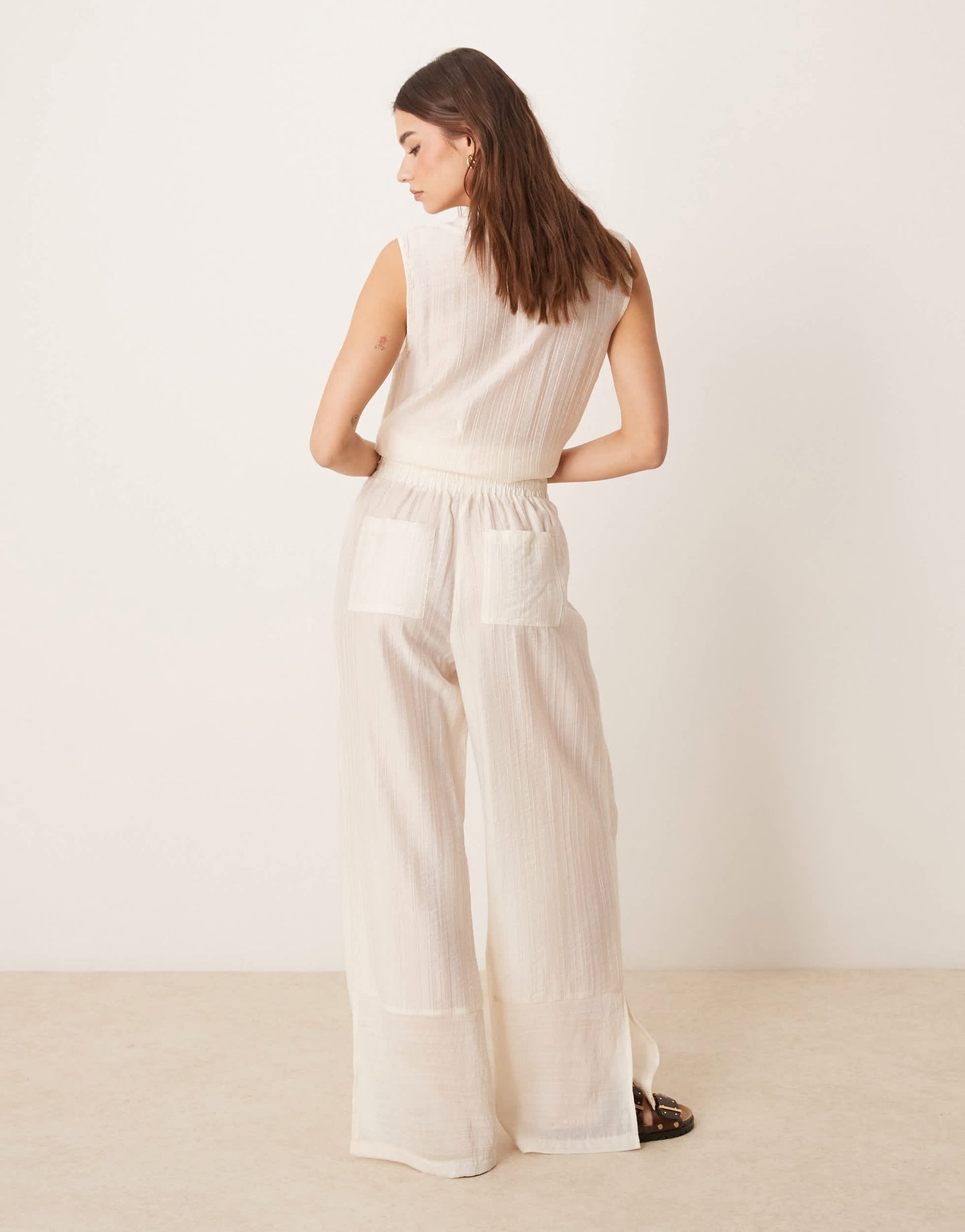 ASOS DESIGN sheer textured wide leg trousers co-ord in off white
