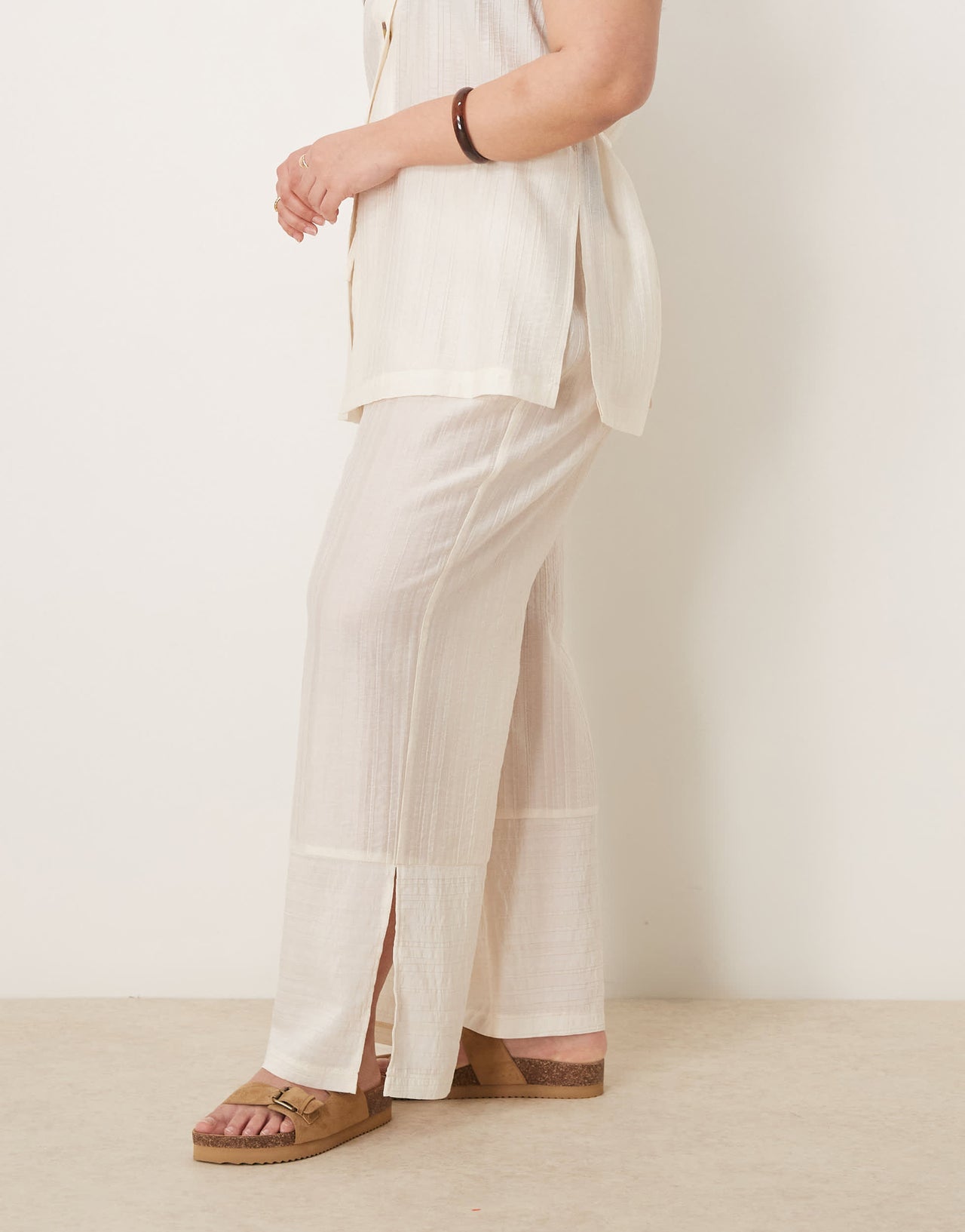 ASOS DESIGN Curve sheer textured wide leg trousers co-ord in off white