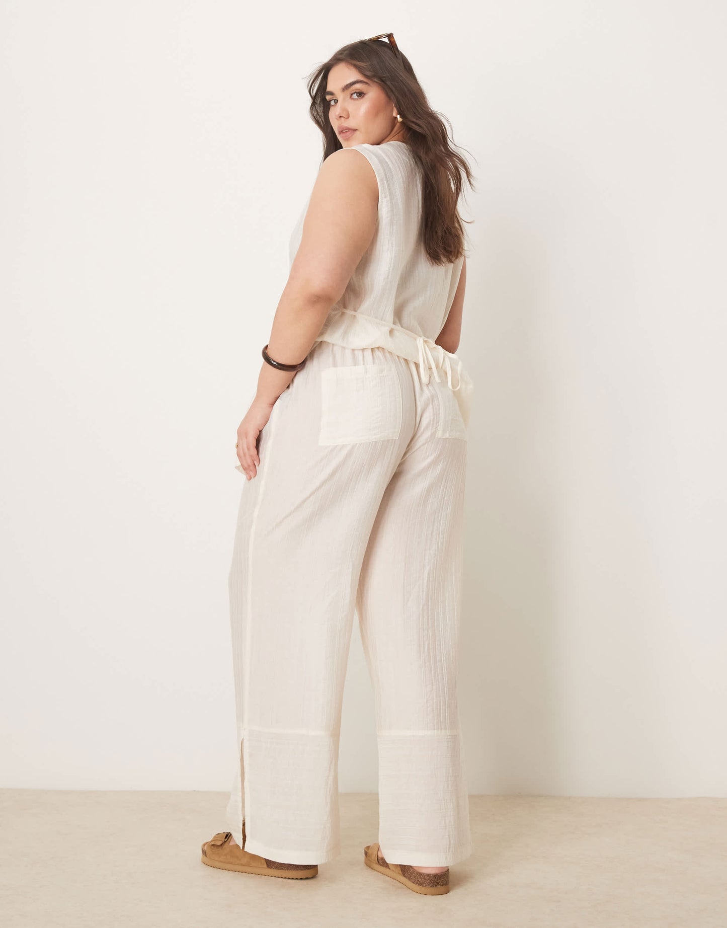 ASOS DESIGN Curve sheer textured wide leg trousers co-ord in off white