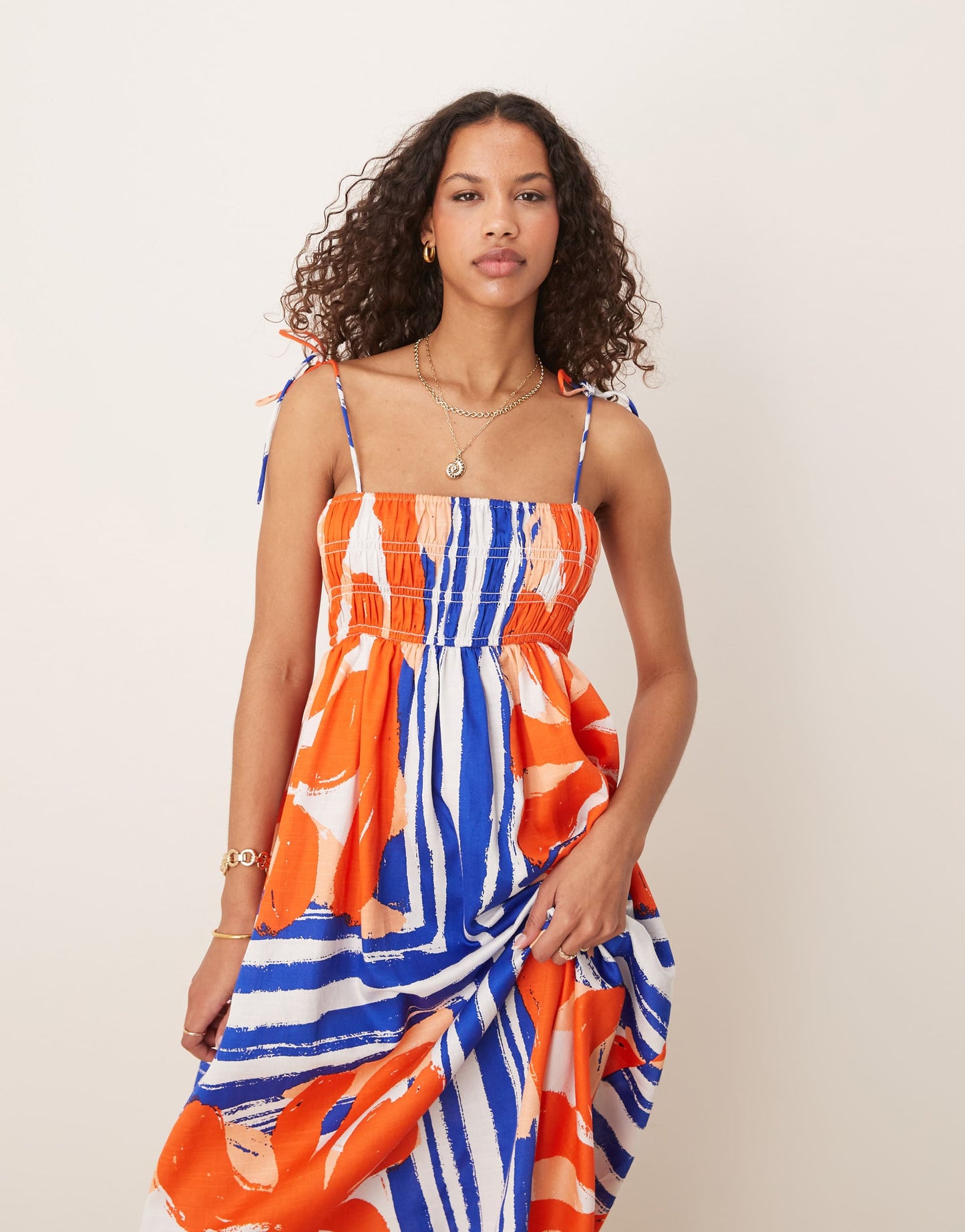 ASOS DESIGN shirred bust cotton sateen maxi dress in red and blue abstract print