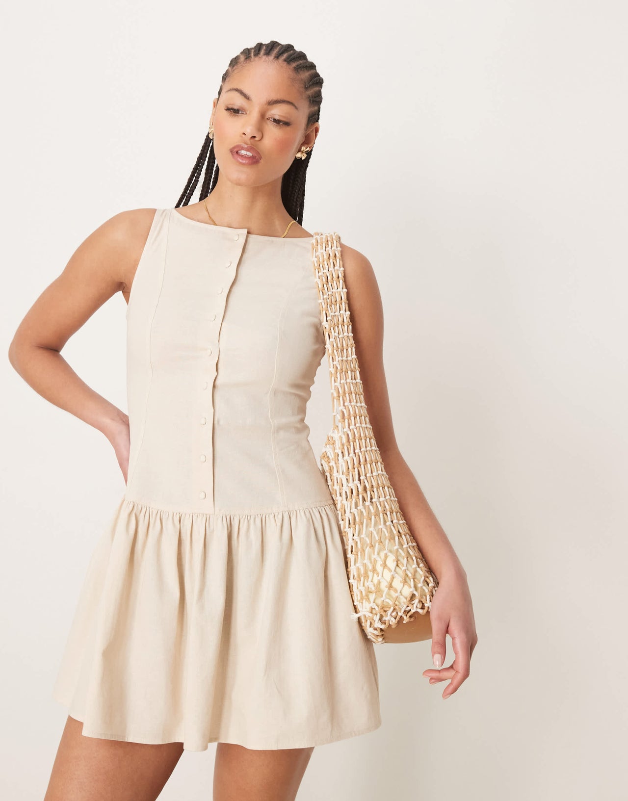 ASOS DESIGN Tall slash neck button down dropped waist mini dress in oatmeal