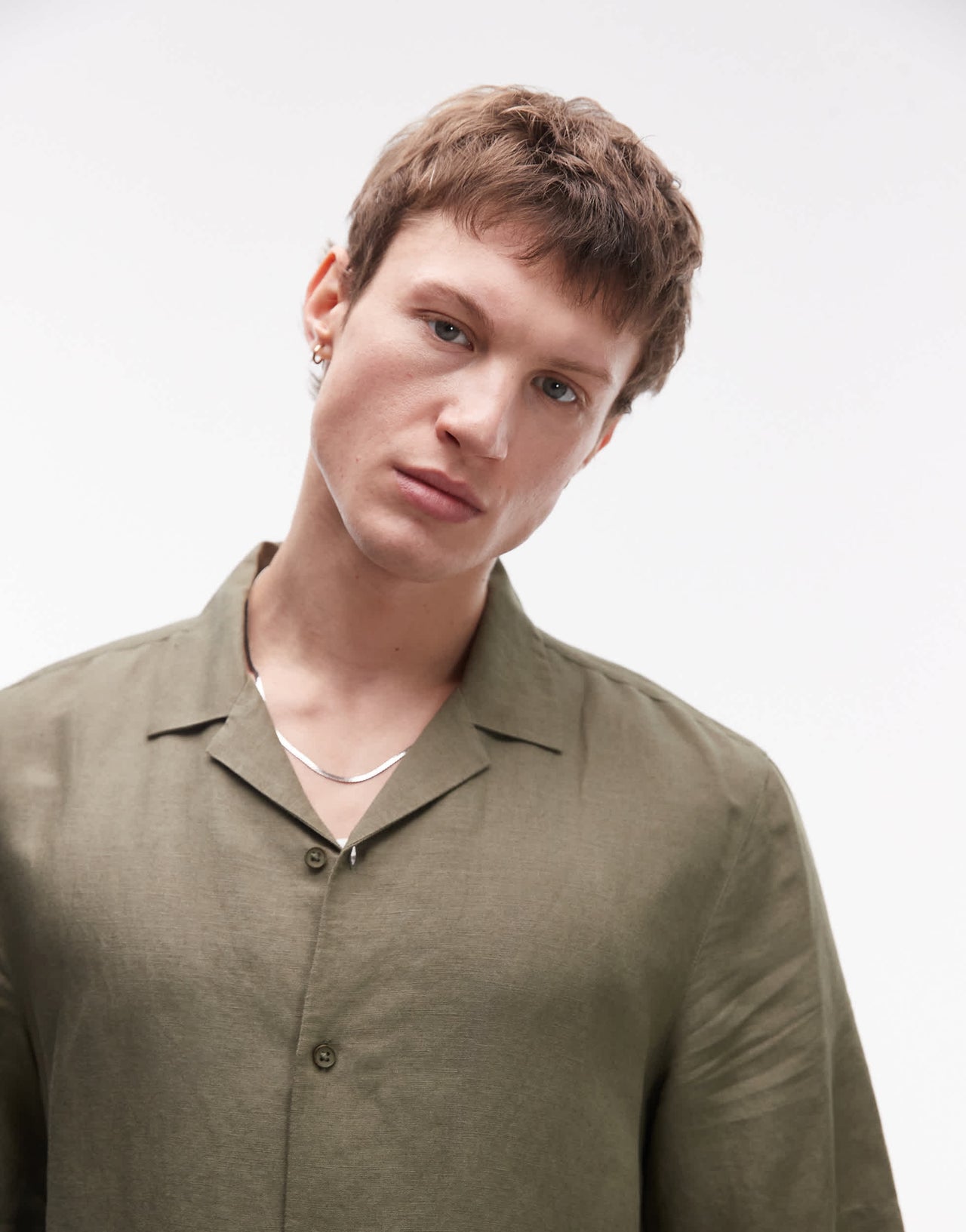 Topman regular fit short sleeve linen blend shirt in khaki