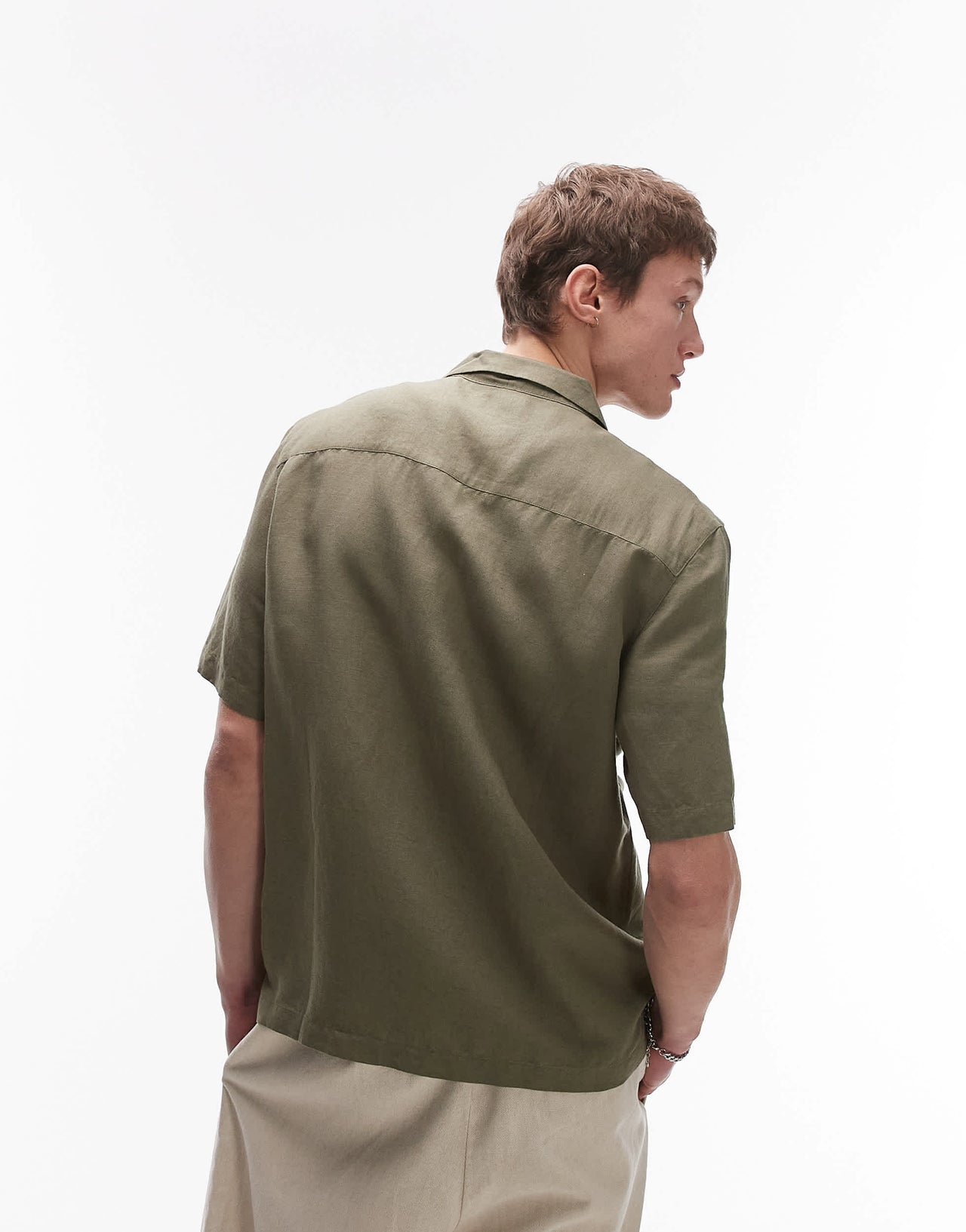 Topman regular fit short sleeve linen blend shirt in khaki