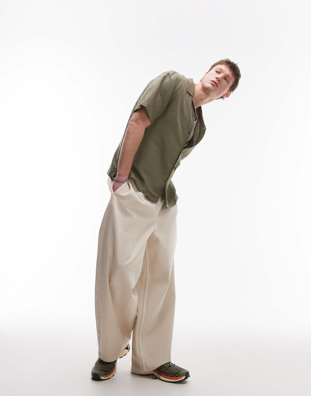 Topman regular fit short sleeve linen blend shirt in khaki