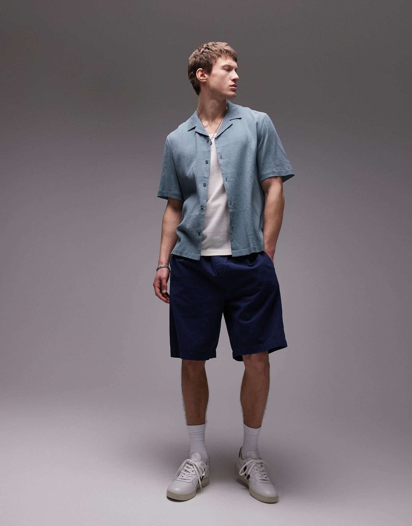 Topman short sleeve crinkle shirt in mid blue