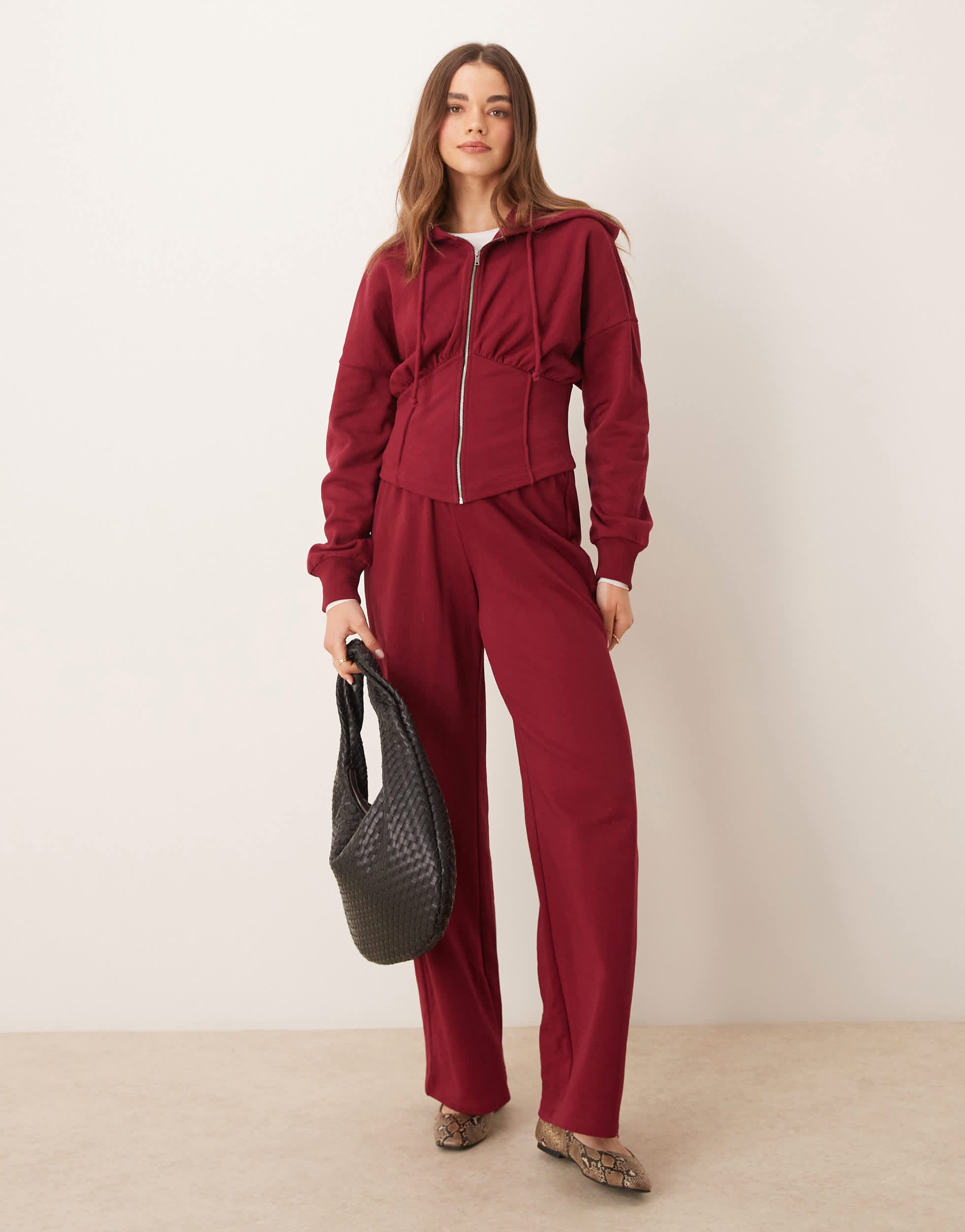 ASOS DESIGN v front waistband wide leg jogger in burgundy