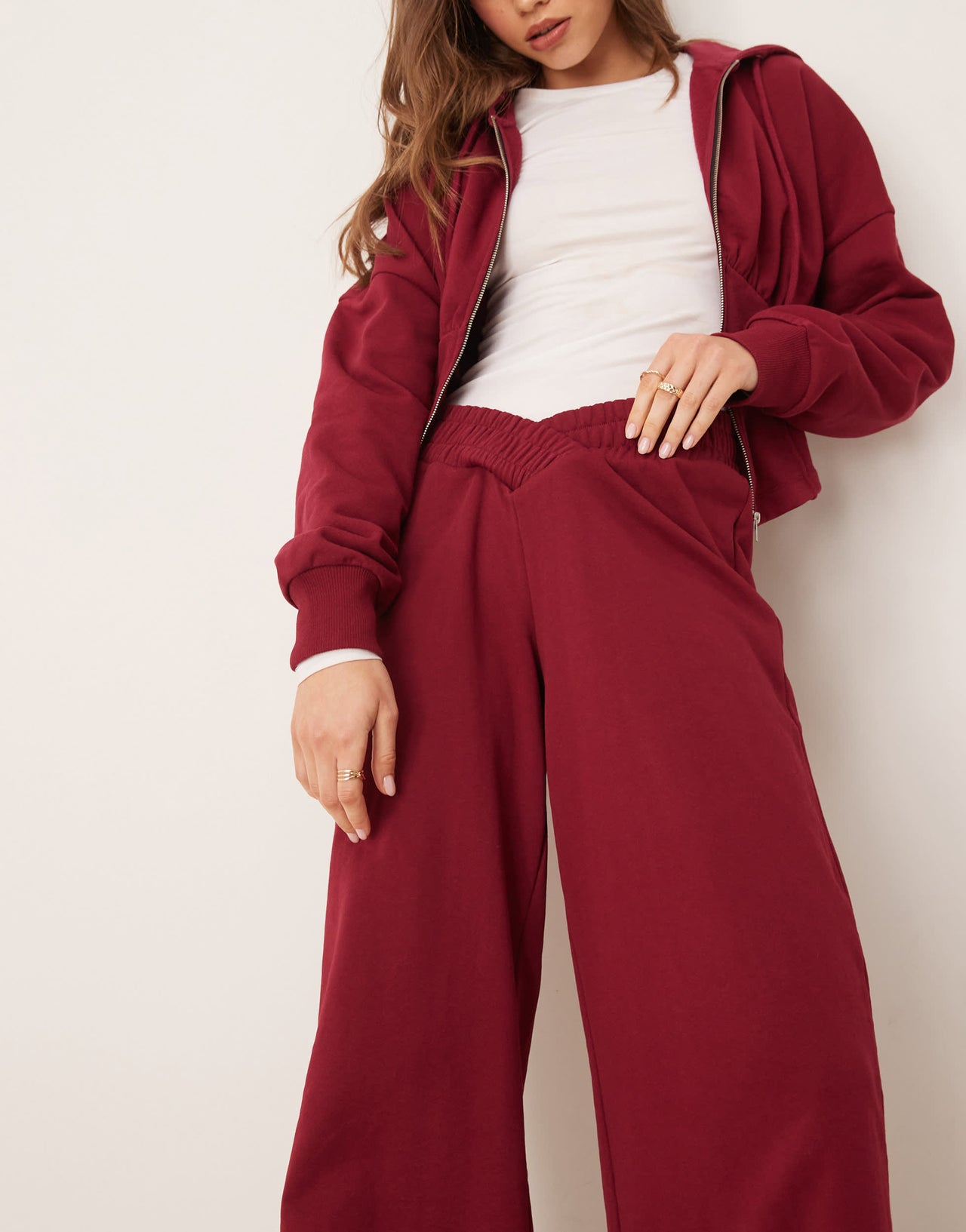 ASOS DESIGN v front waistband wide leg jogger in burgundy