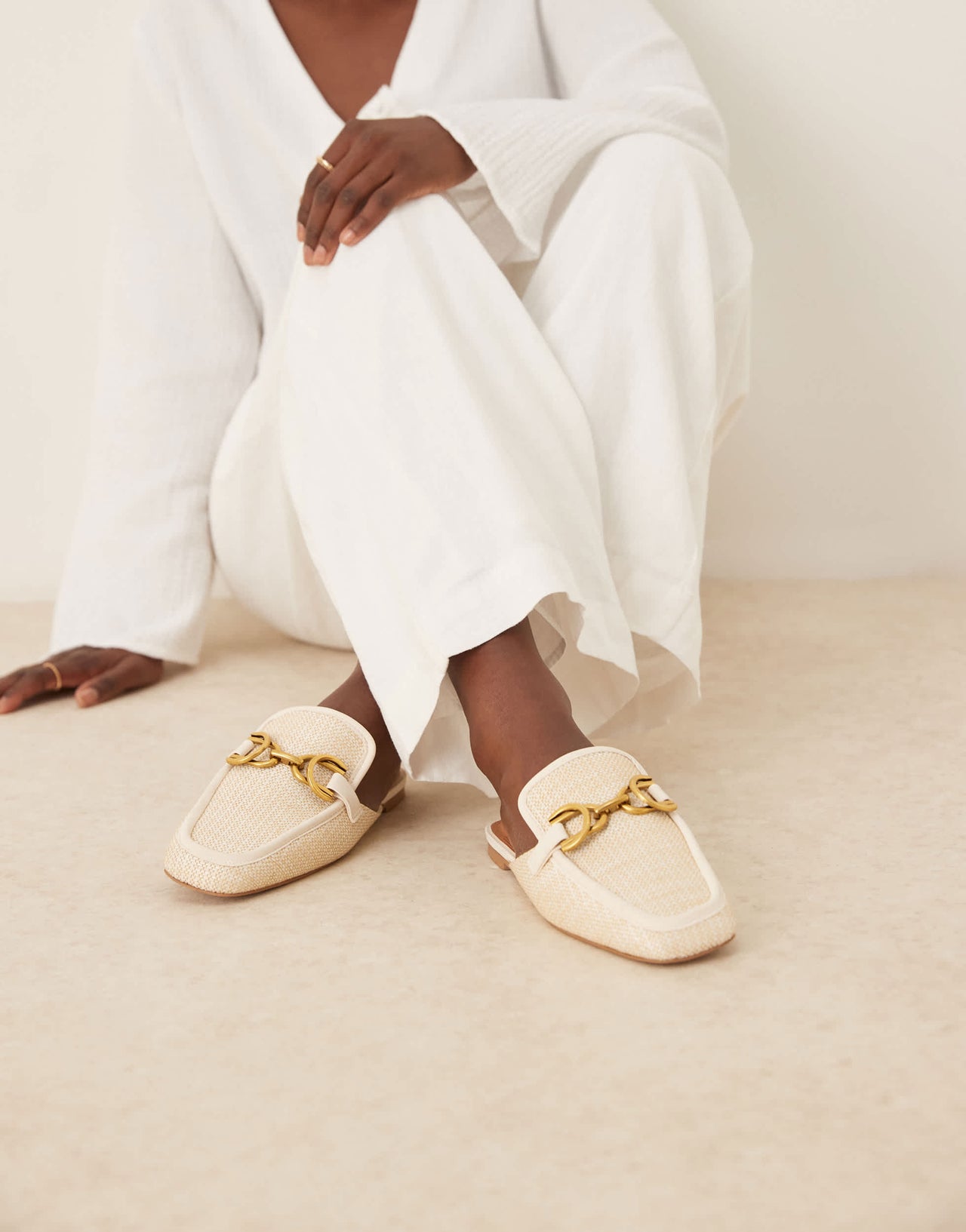 ASOS DESIGN Wide Fit Mosaic flat loafer mules in natural fabrication
