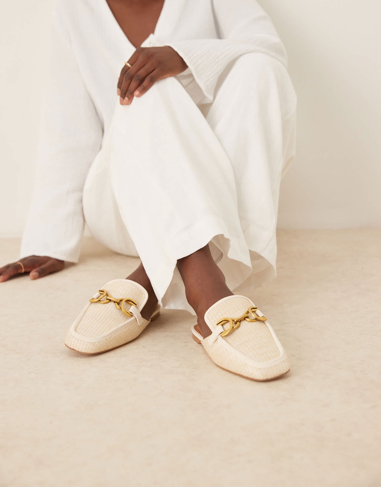 ASOS DESIGN Wide Fit Mosaic flat loafer mules in natural fabrication