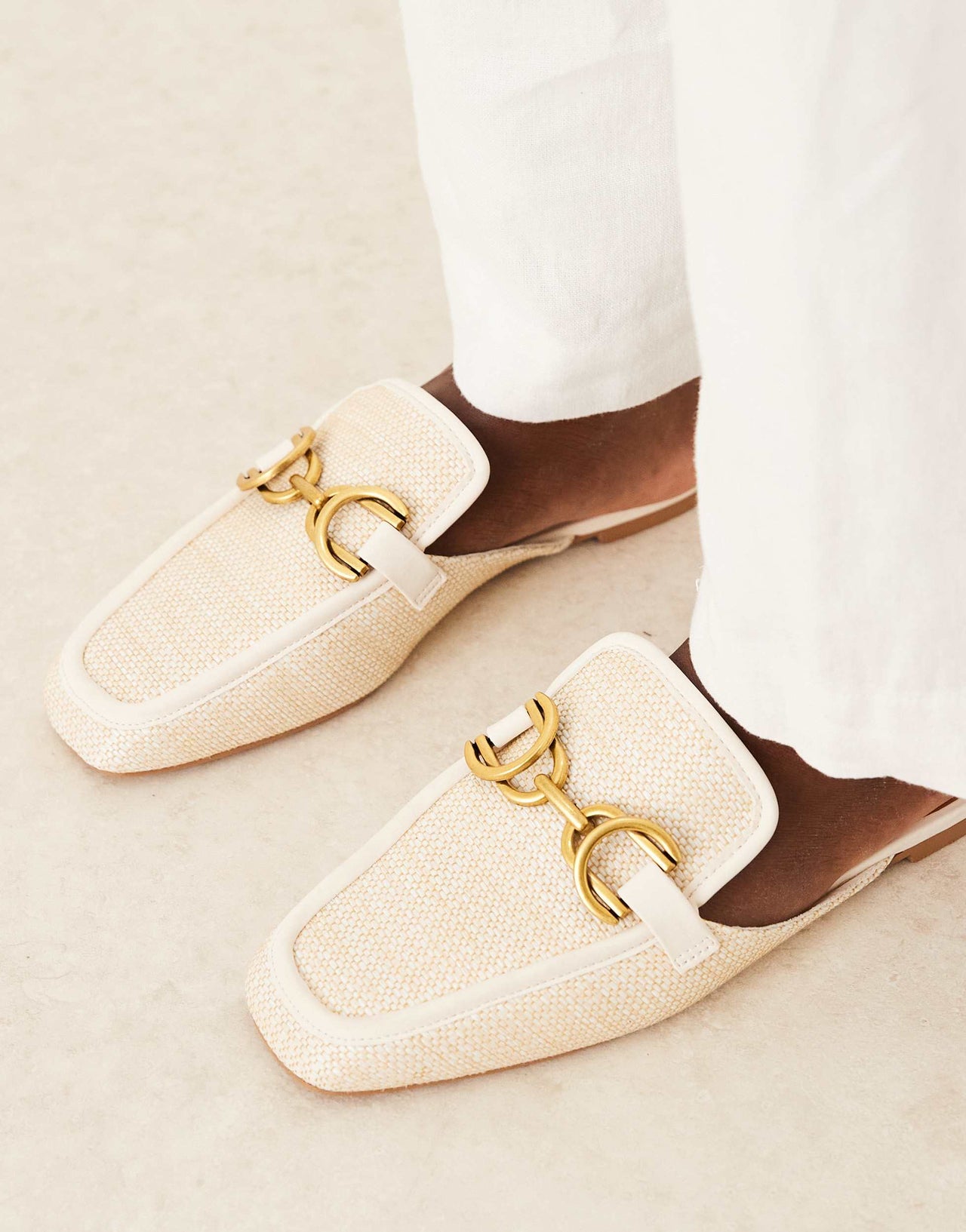 ASOS DESIGN Wide Fit Mosaic flat loafer mules in natural fabrication
