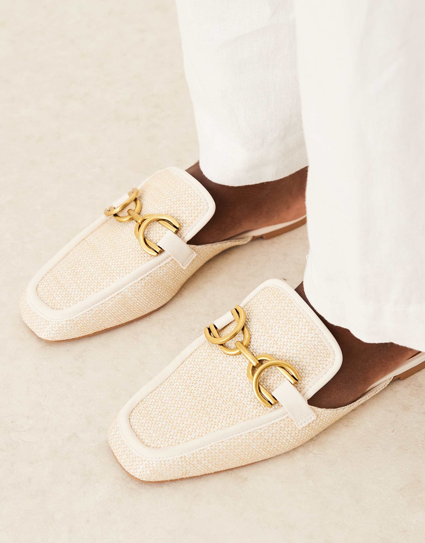 ASOS DESIGN Wide Fit Mosaic flat loafer mules in natural fabrication