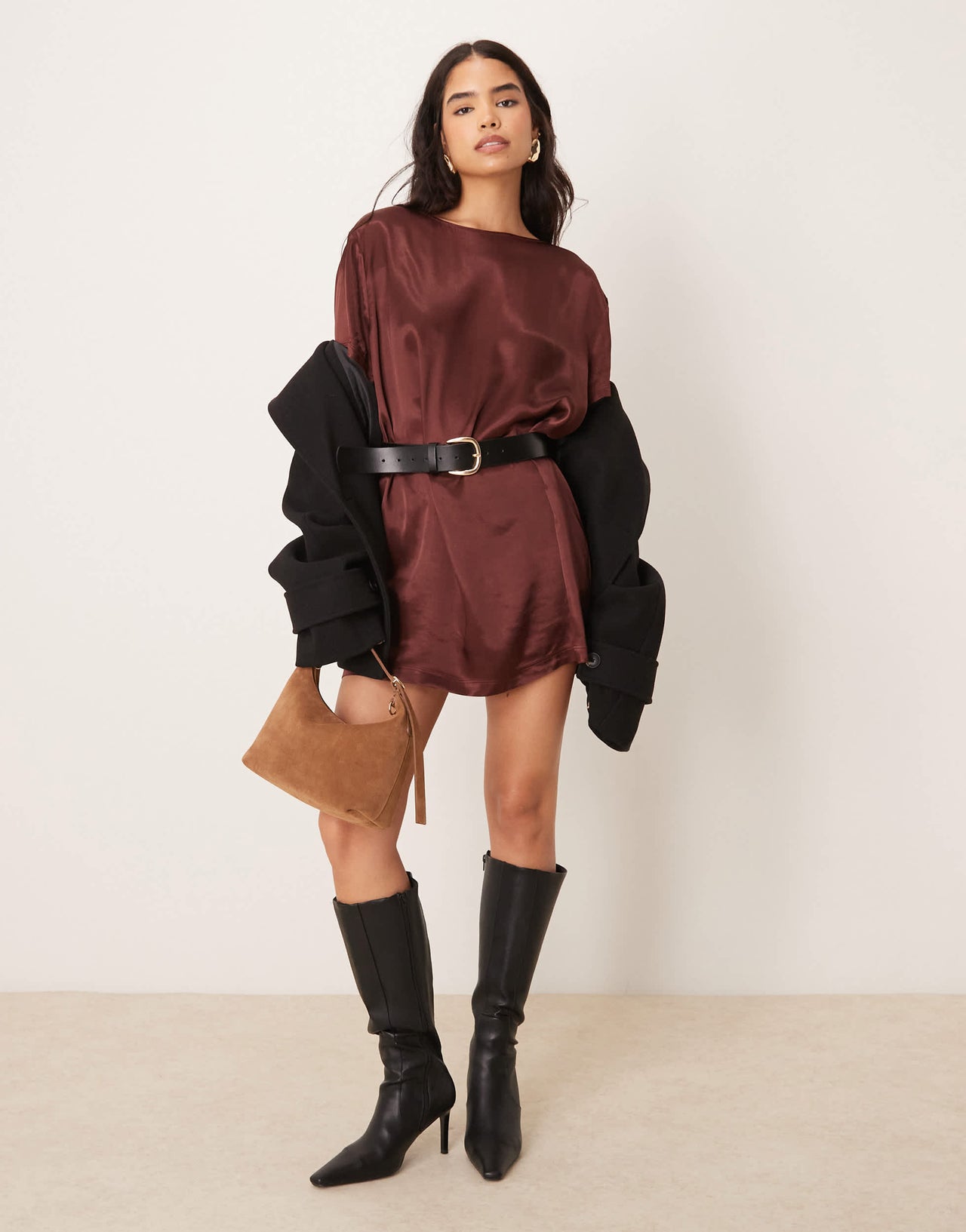 Miss Selfridge satin oversized mini t-shirt dress in chocolate