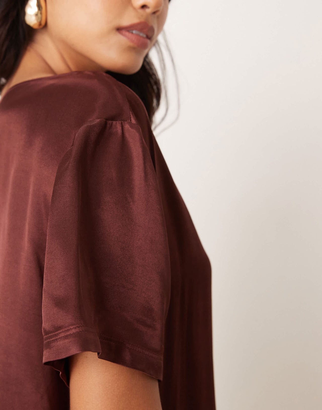 Miss Selfridge satin oversized mini t-shirt dress in chocolate