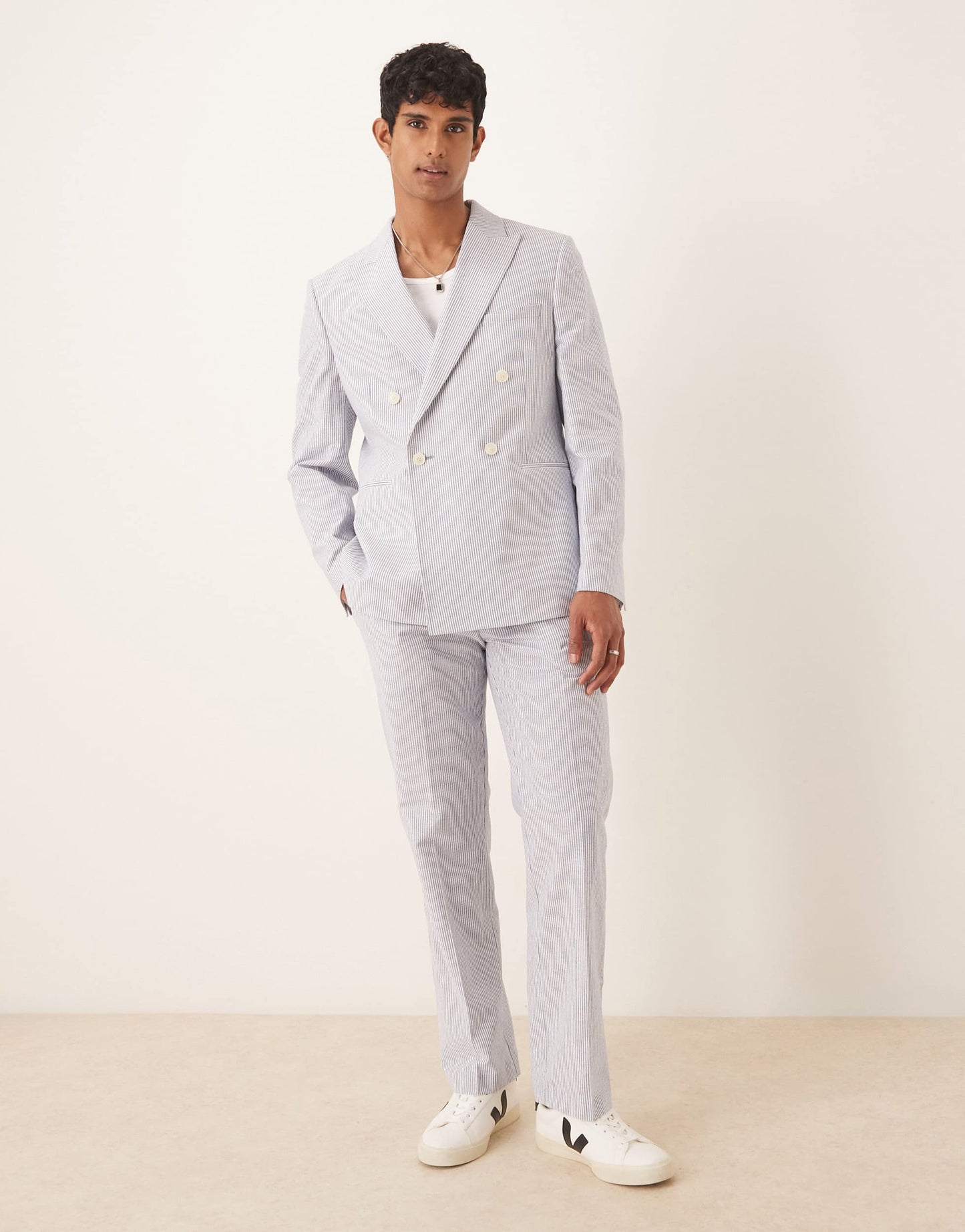 ASOS DESIGN linen mix slim suit jacket in blue pinstripe