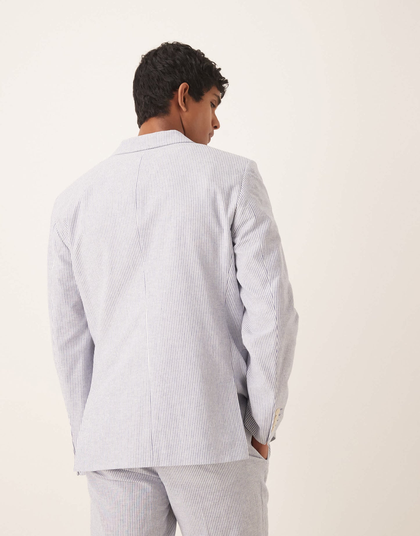 ASOS DESIGN linen mix slim suit jacket in blue pinstripe