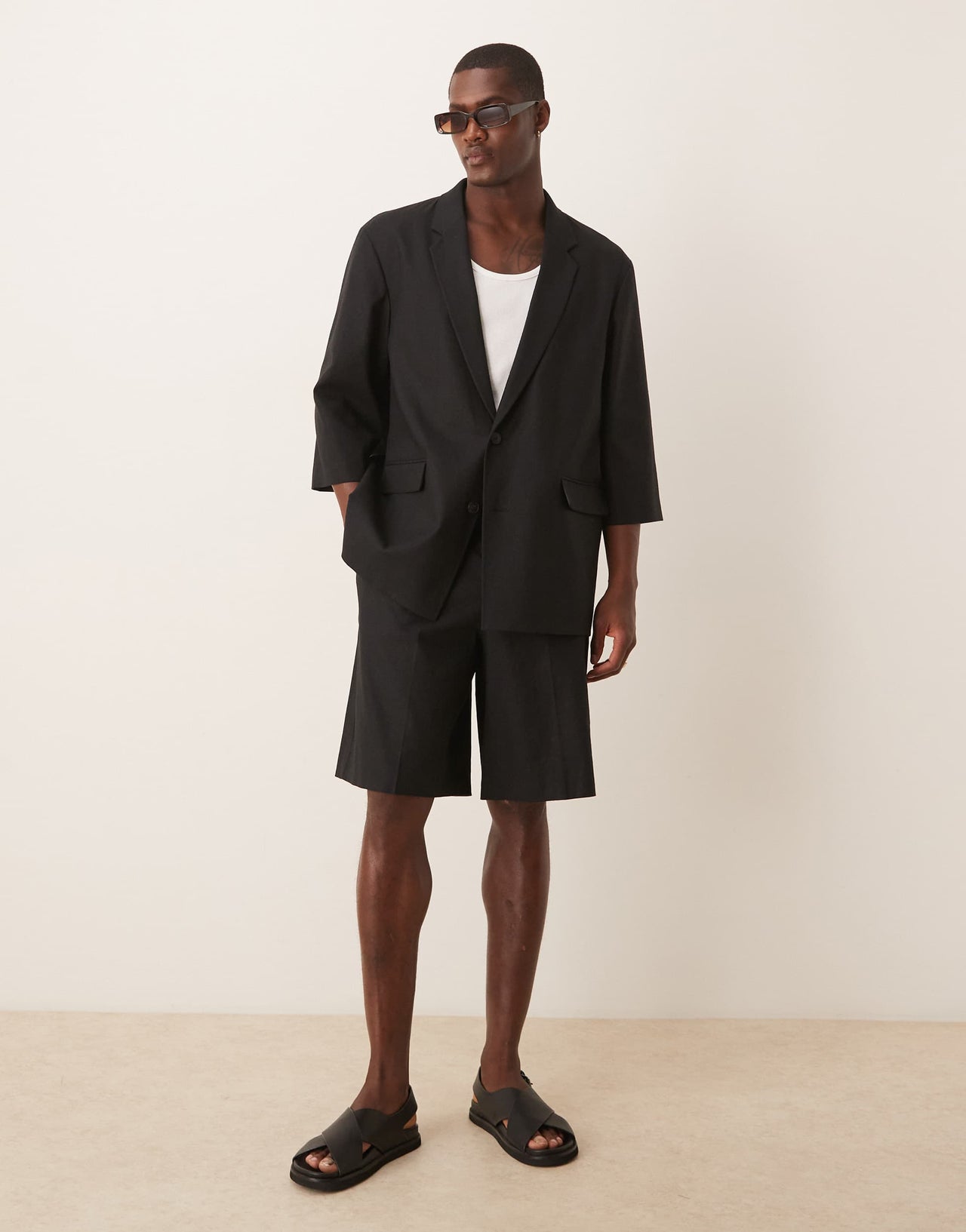 ASOS DESIGN linen blend shorter sleeve suit jacket in black