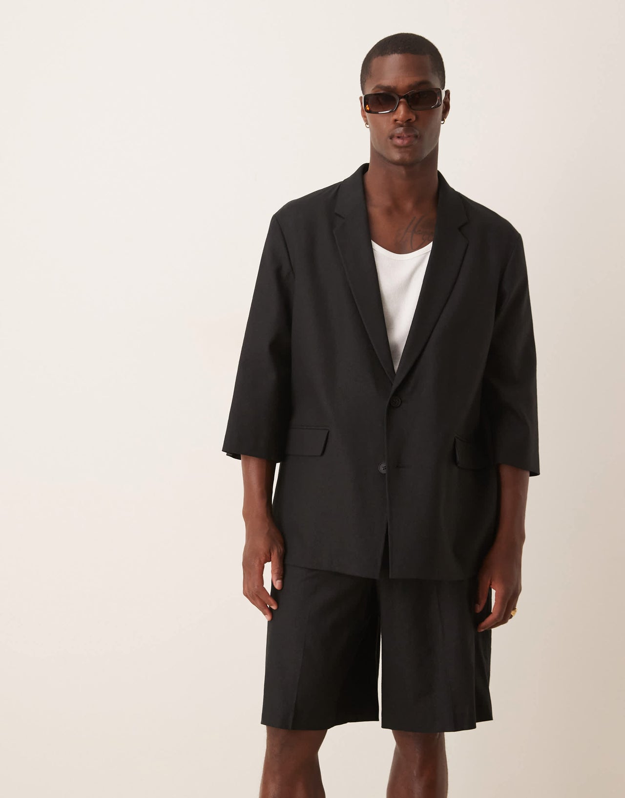 ASOS DESIGN linen blend shorter sleeve suit jacket in black