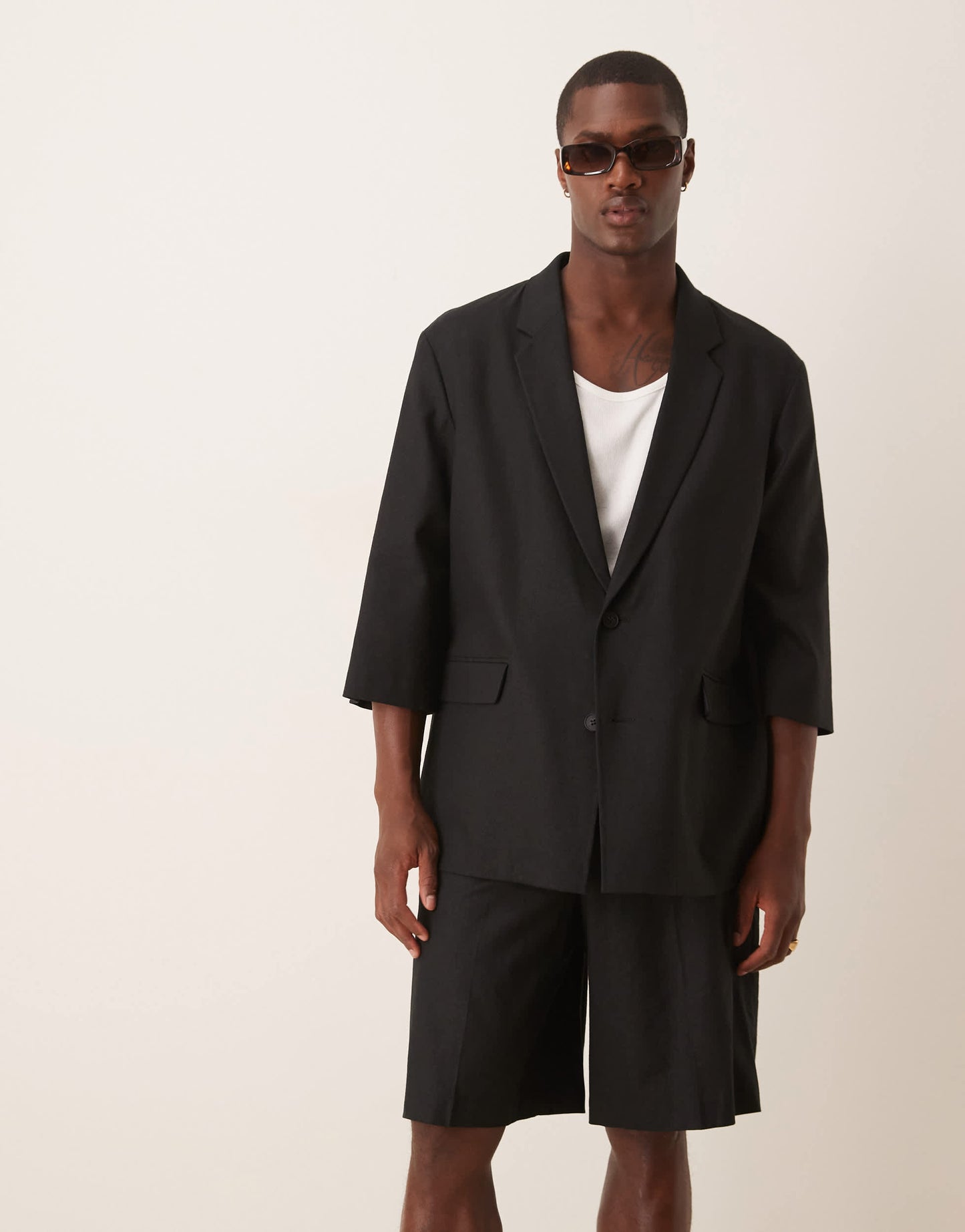 ASOS DESIGN linen blend shorter sleeve suit jacket in black