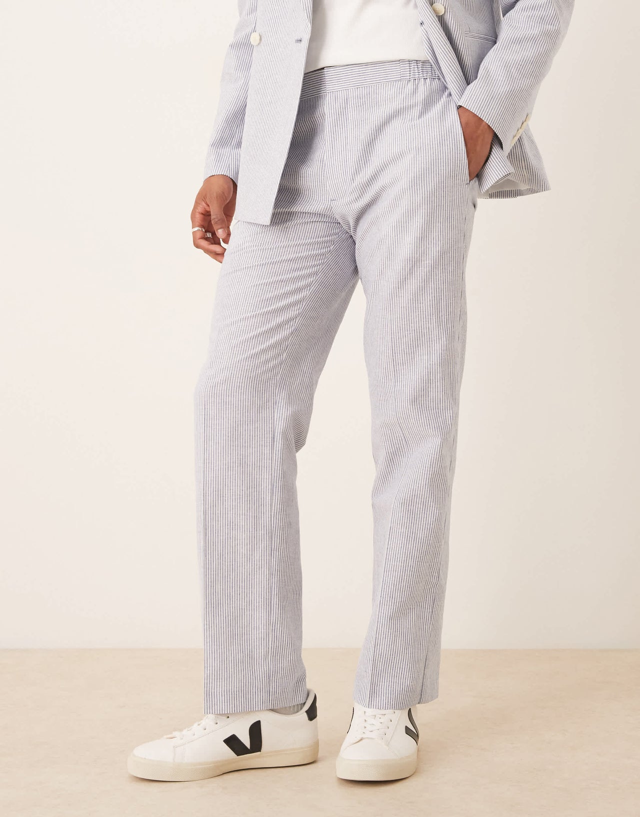 ASOS DESIGN linen mix straight leg suit trousers in blue pinstripe