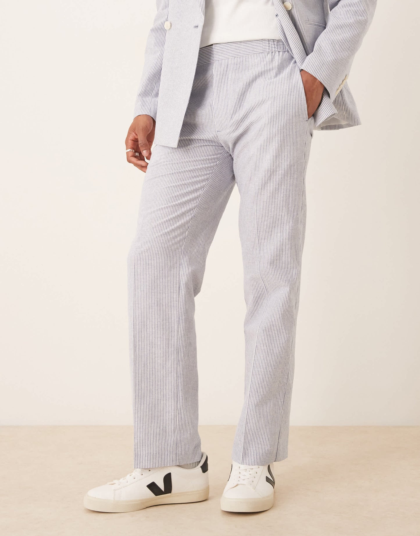 ASOS DESIGN linen mix straight leg suit trousers in blue pinstripe