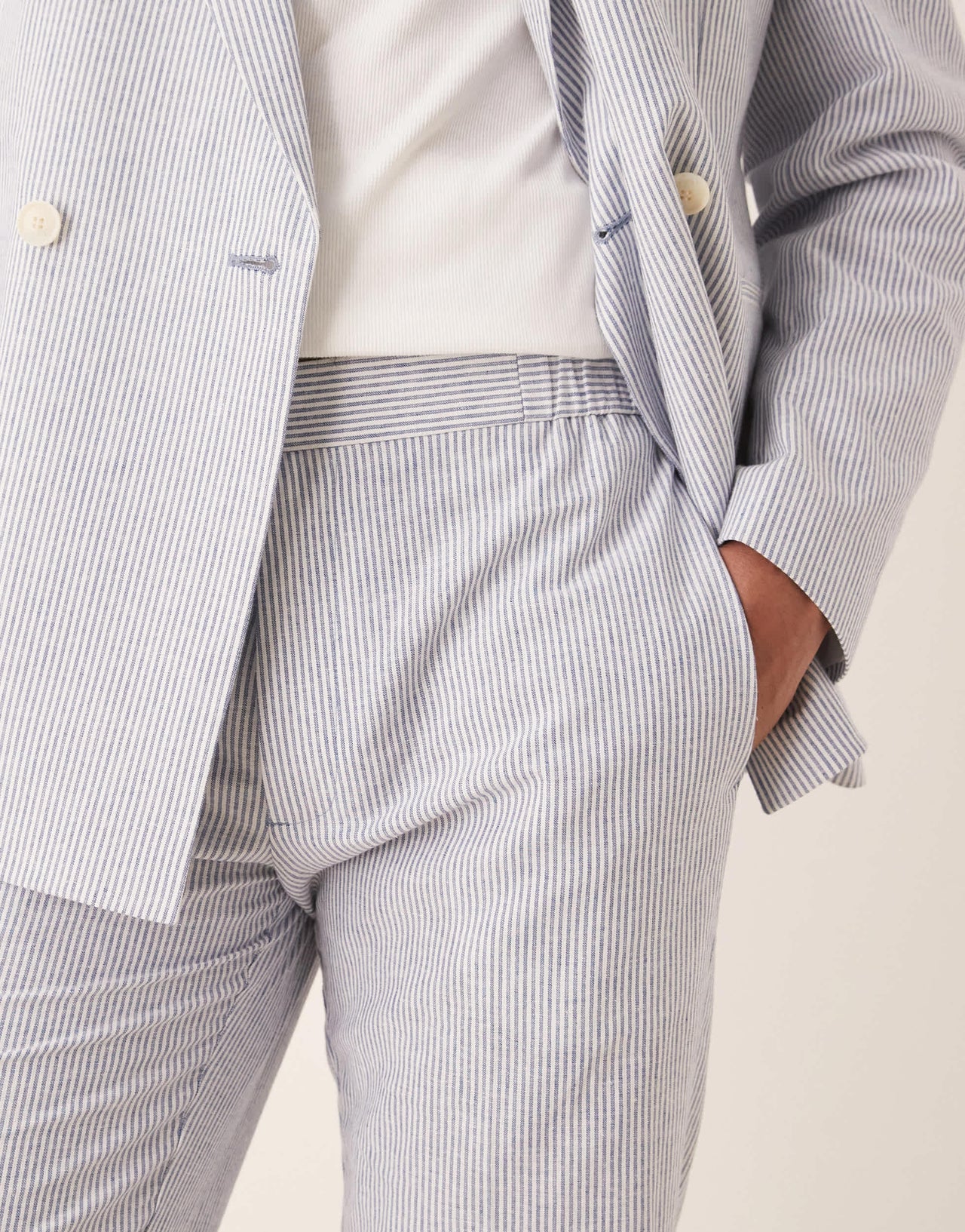 ASOS DESIGN linen mix straight leg suit trousers in blue pinstripe