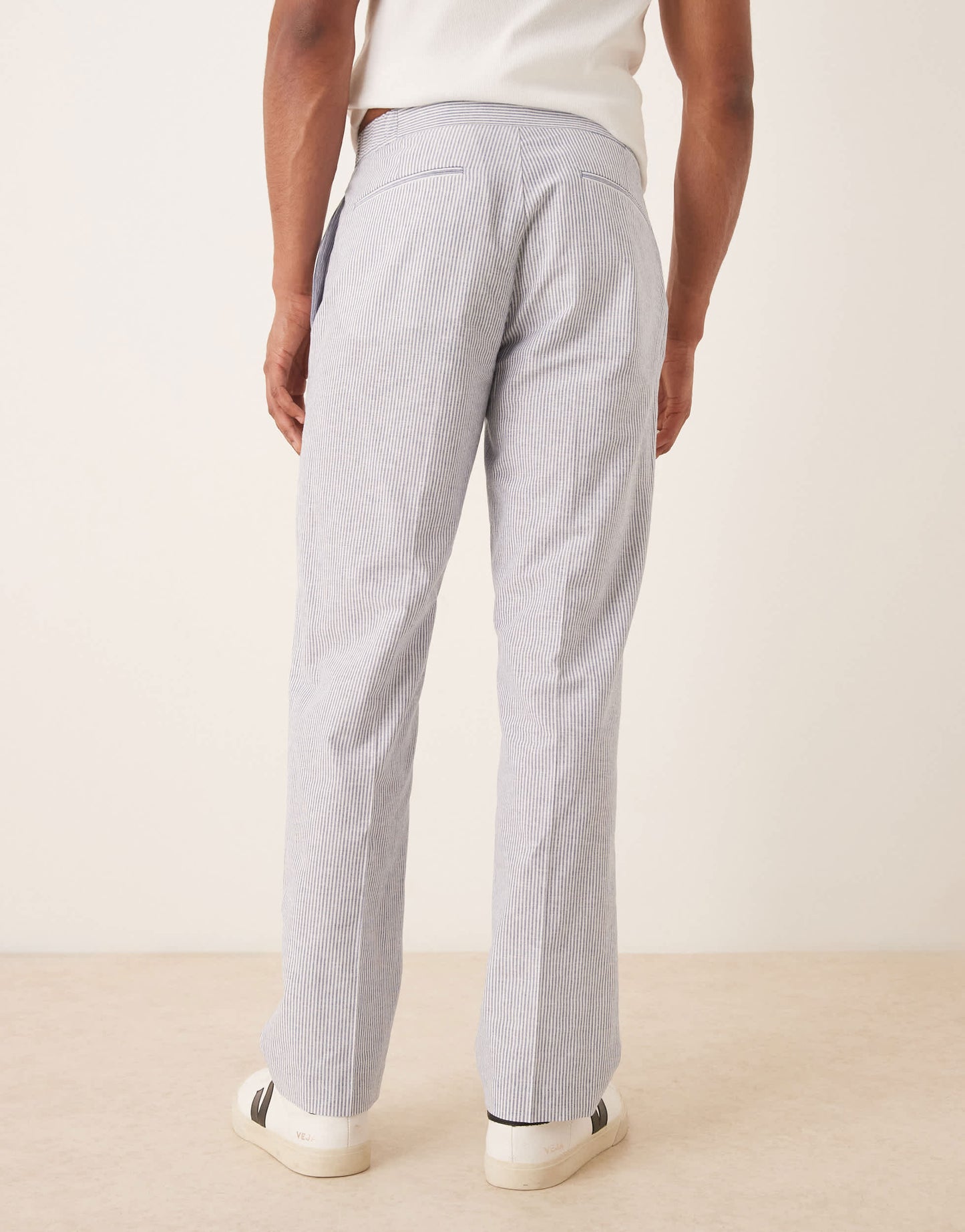 ASOS DESIGN linen mix straight leg suit trousers in blue pinstripe