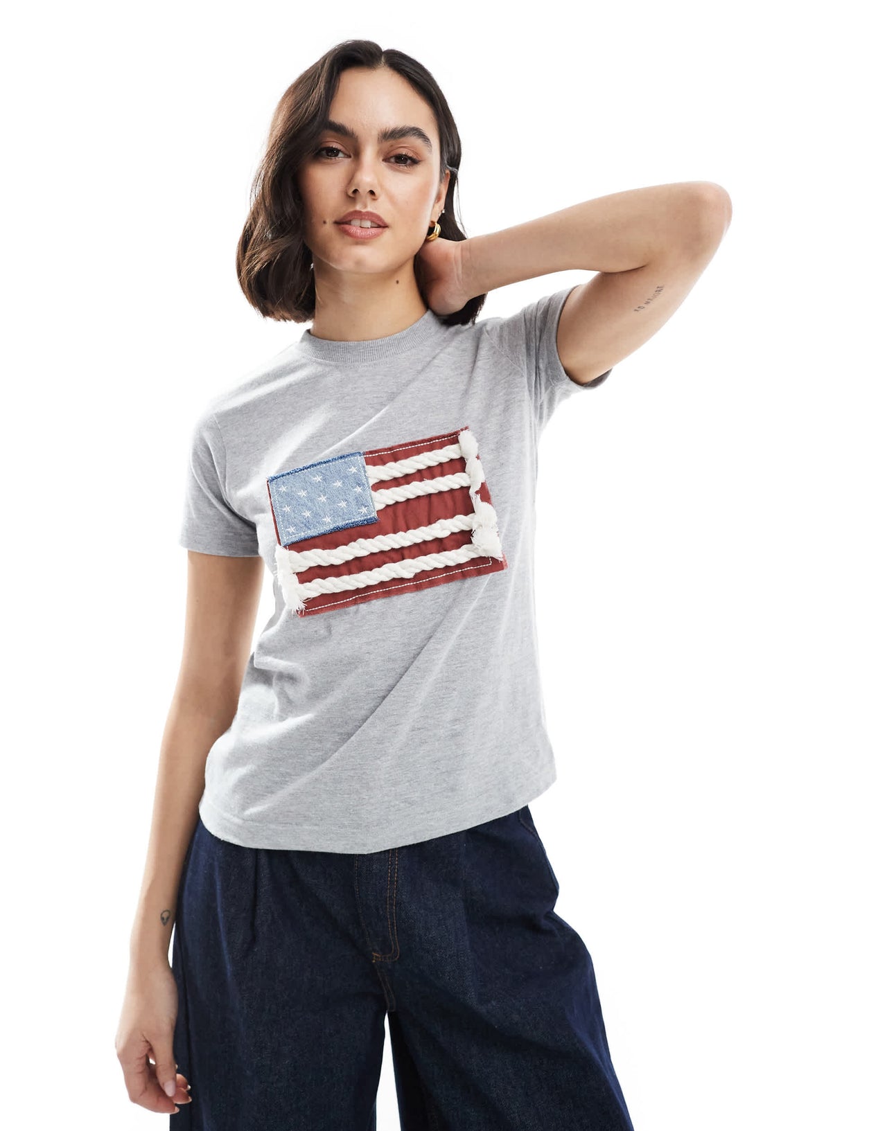 Daisy Street applique flag t-shirt in grey marl